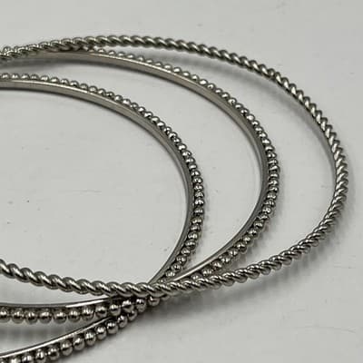 Vintage Silver-Tone Stacking Bangle Bracelets Set 3 Twisted Beaded Plain Texture - Thumbnail 3