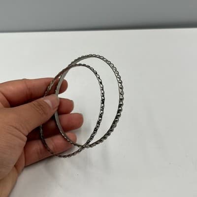 Vintage Silver-Tone Beaded Bubble Bangle Bracelets Set 2 Textured Stackable Boho - Thumbnail 4