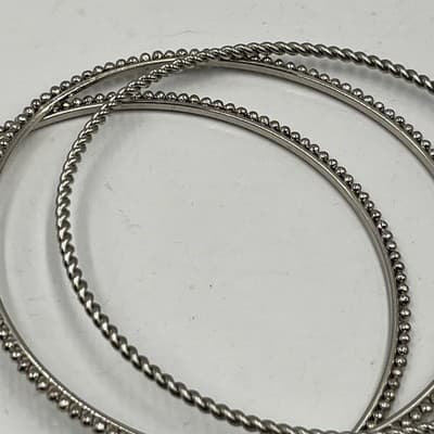 Vintage Silver-Tone Stacking Bangle Bracelets Set 3 Twisted Beaded Plain Texture - Thumbnail 2