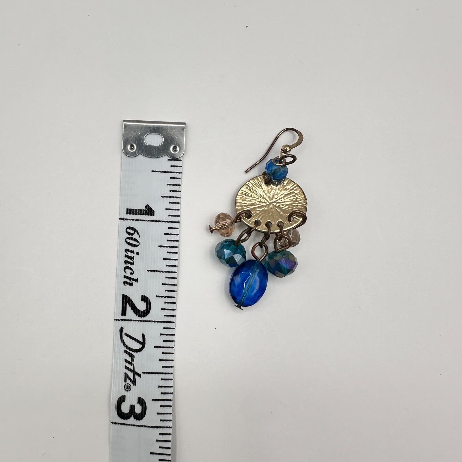 Vintage 90s Blue Glass Gold Tone Drop Earrings Textured Disc Dangle Pair Boho - Thumbnail 17