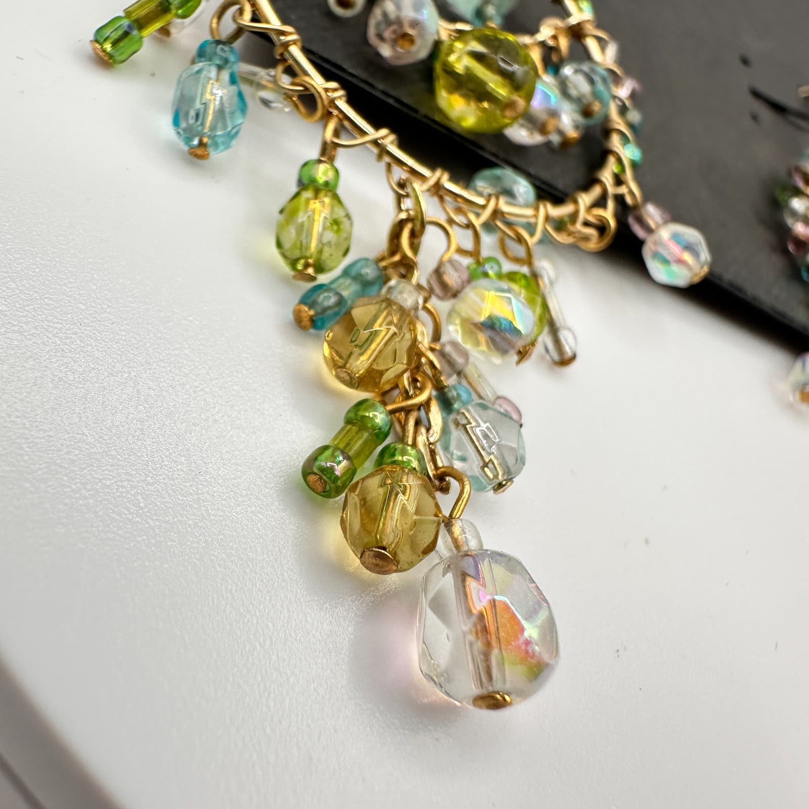 Vintage 80s Cookie Lee Gold Tone Blue Green Chandelier Earrings Jewelry - Thumbnail 4