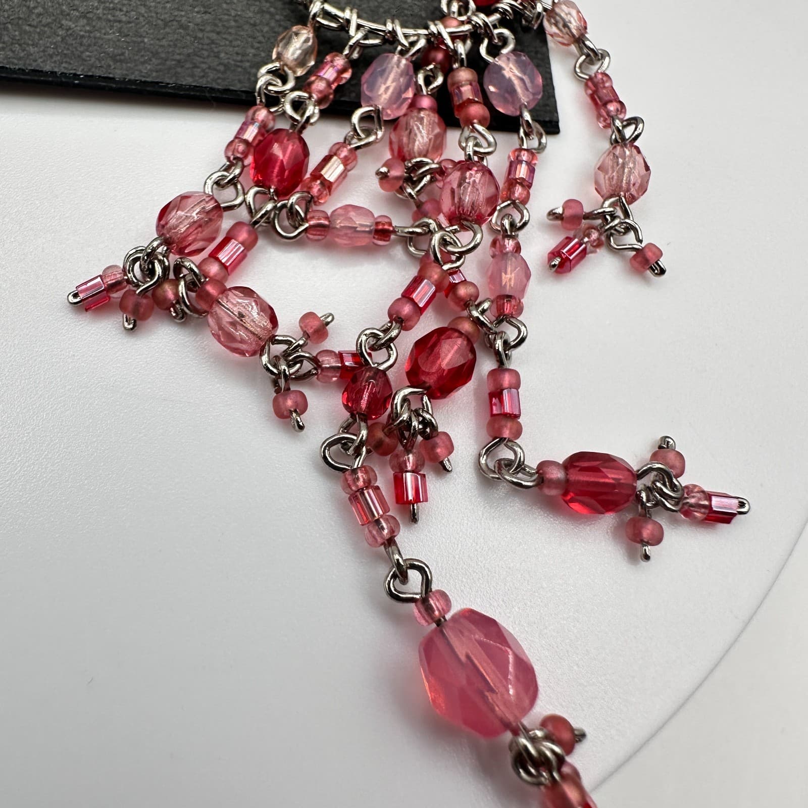 Vintage 80s Silver Tone Pink Red Glass Bead Chandelier Dangle Earrings Jewelry - Thumbnail 5