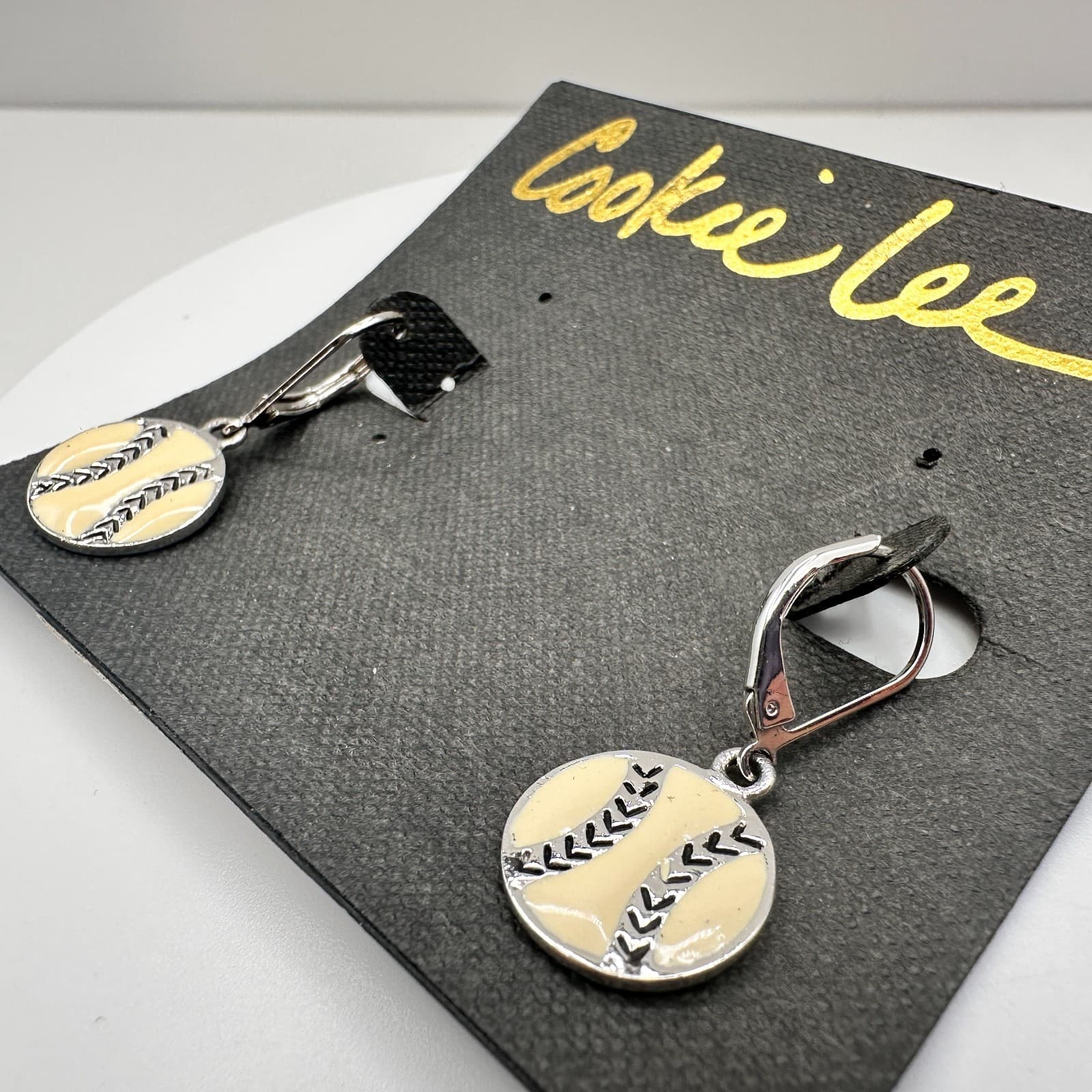 Vintage 80s Cookie Lee Silver Tone Enamel Baseball Softball Hook Earring Jewelry - Thumbnail 7