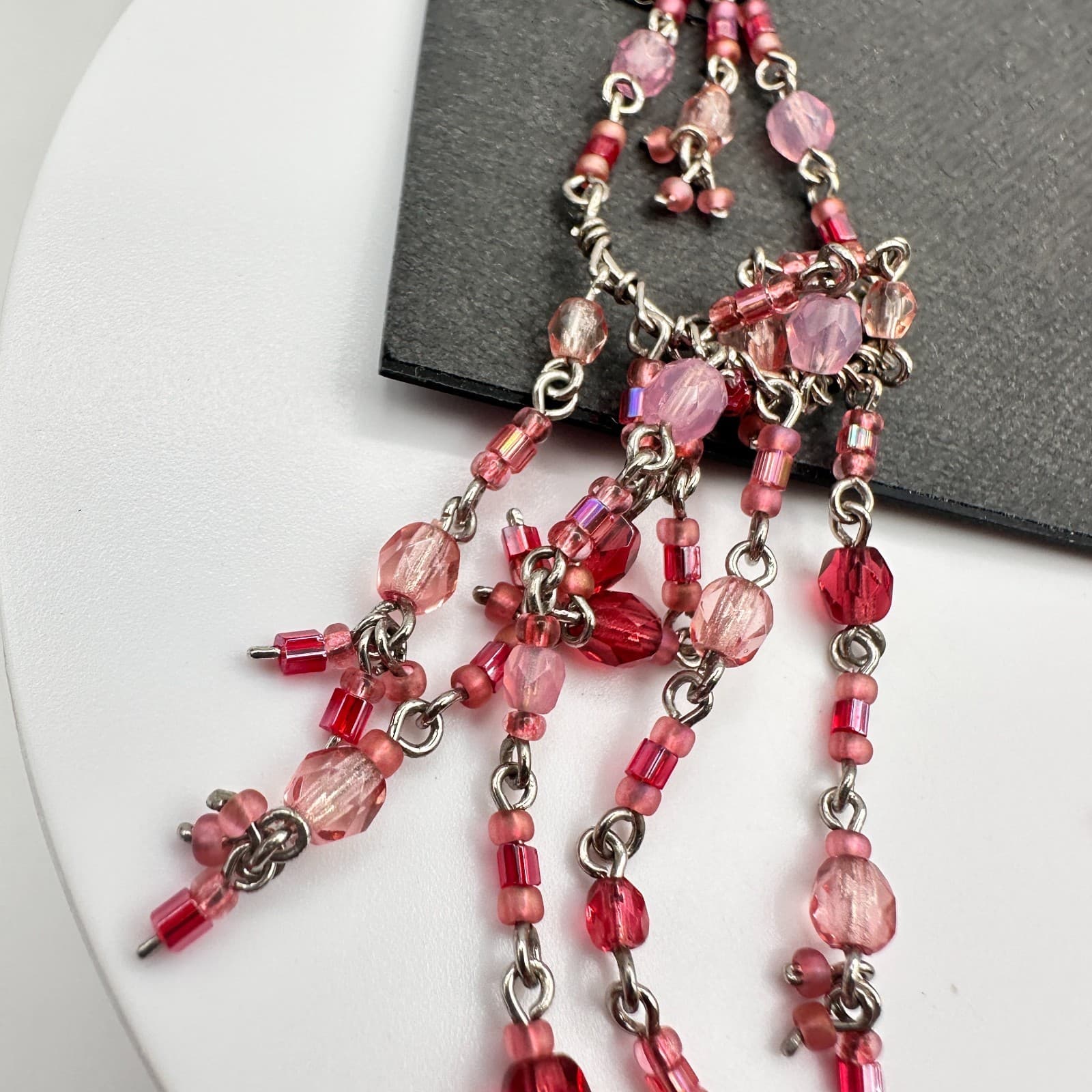 Vintage 80s Silver Tone Pink Red Glass Bead Chandelier Dangle Earrings Jewelry - Thumbnail 3