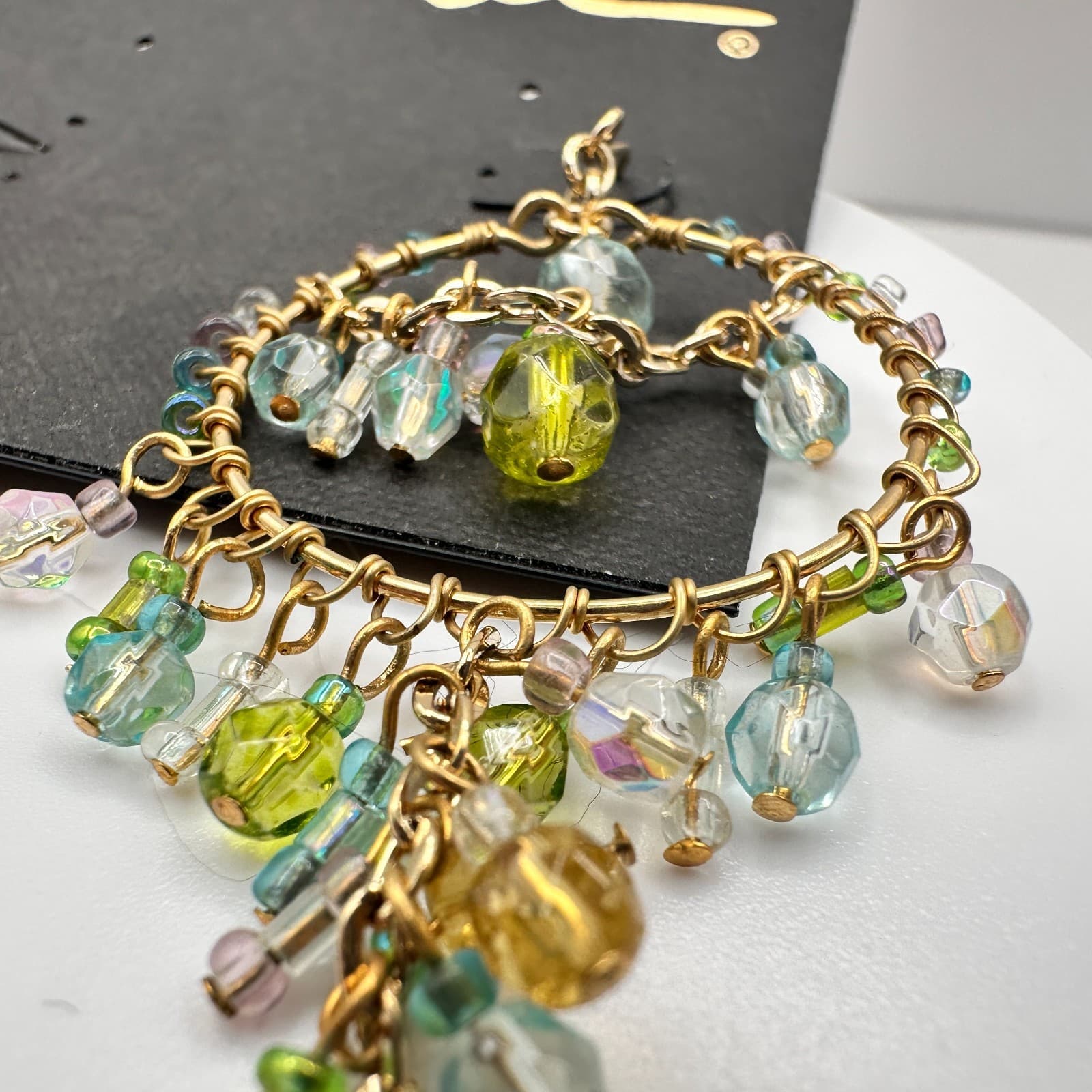 Vintage 80s Cookie Lee Gold Tone Blue Green Chandelier Earrings Jewelry - Thumbnail 8