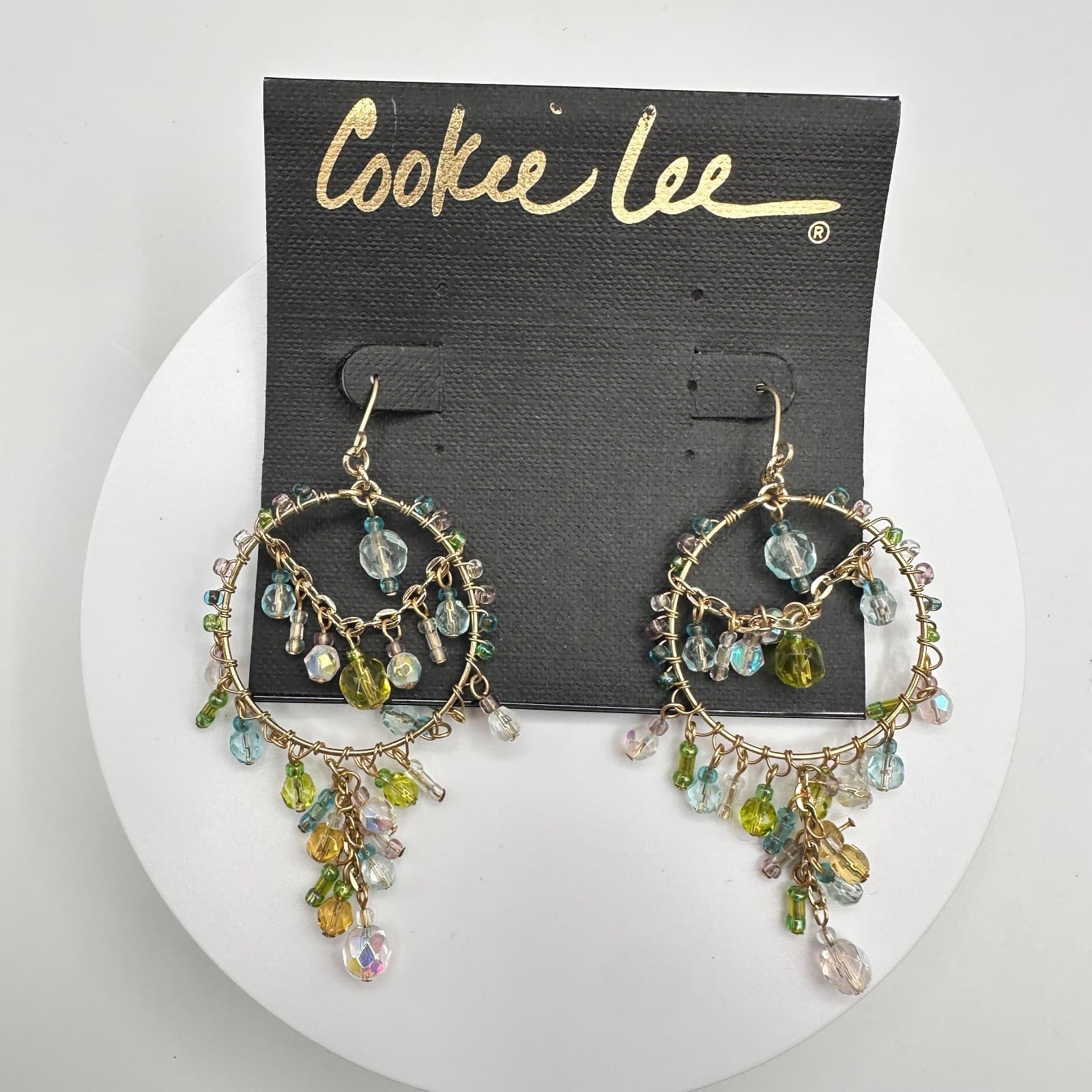Vintage 80s Cookie Lee Gold Tone Blue Green Chandelier Earrings Jewelry - Thumbnail 10