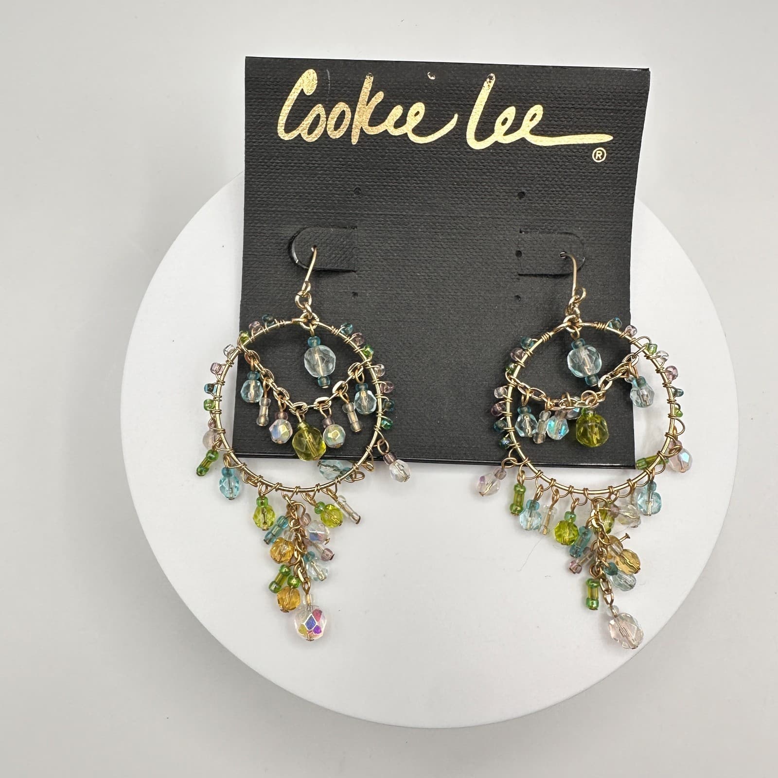 Vintage 80s Cookie Lee Gold Tone Blue Green Chandelier Earrings Jewelry - Image 1