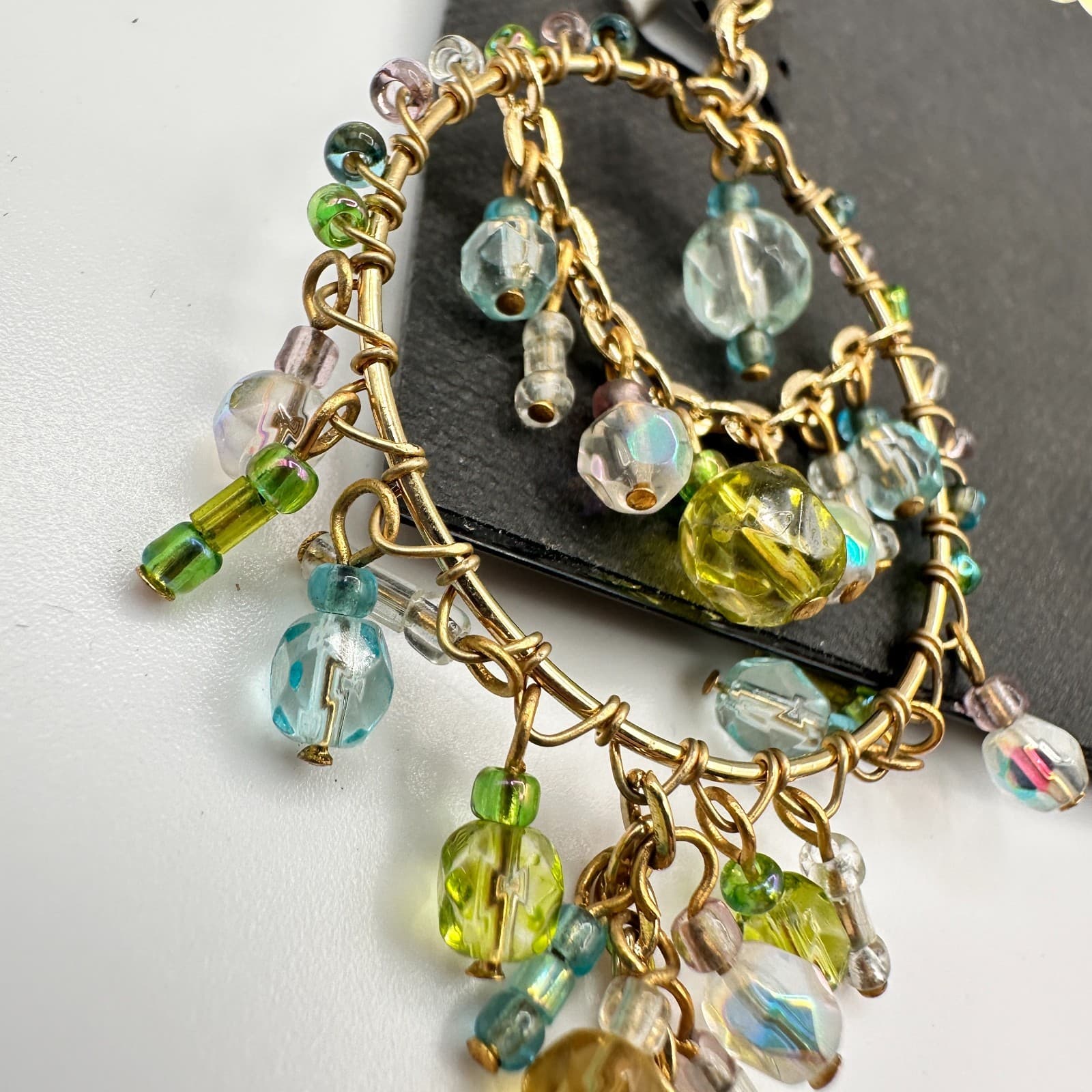 Vintage 80s Cookie Lee Gold Tone Blue Green Chandelier Earrings Jewelry - Thumbnail 5