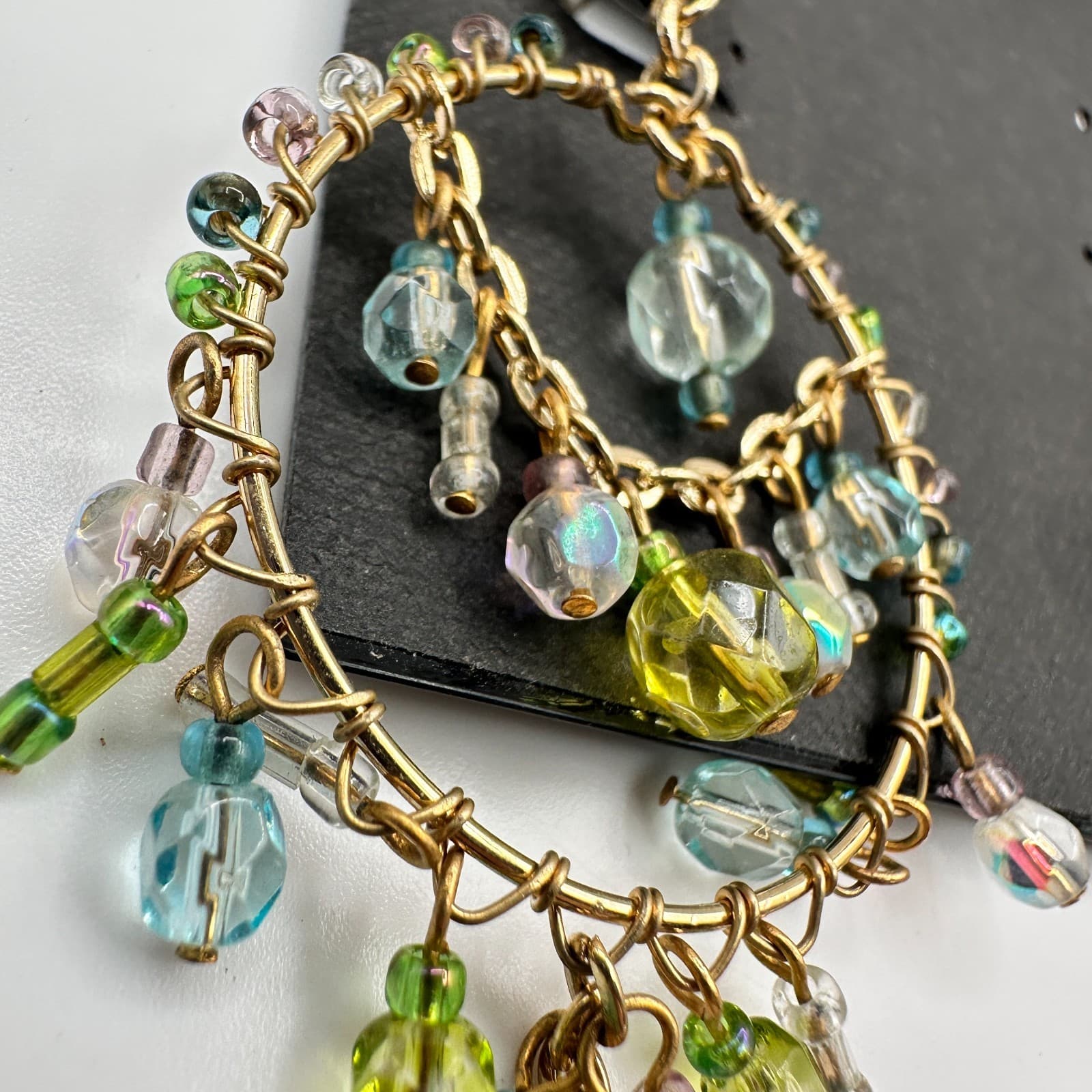 Vintage 80s Cookie Lee Gold Tone Blue Green Chandelier Earrings Jewelry - Thumbnail 6