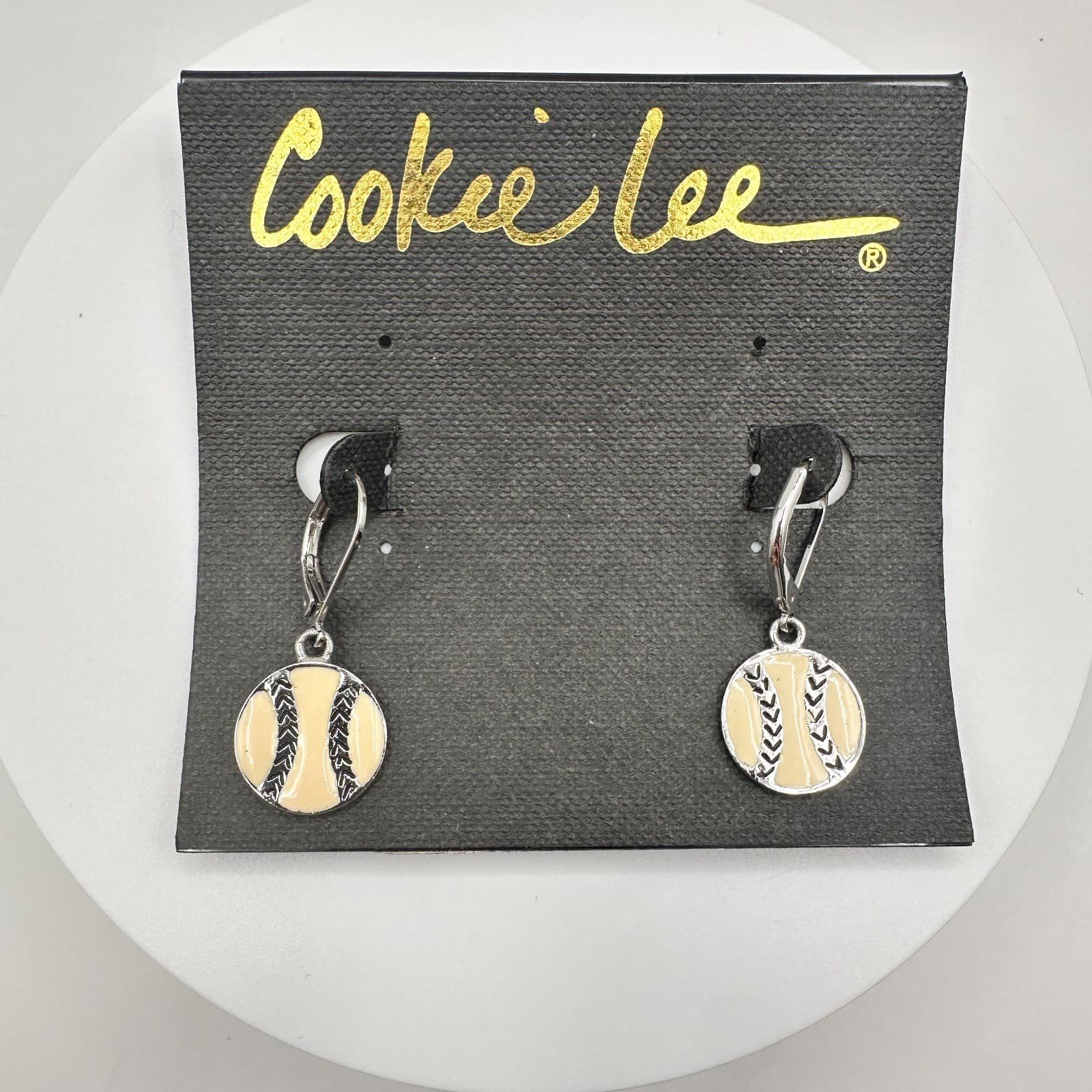 Vintage 80s Cookie Lee Silver Tone Enamel Baseball Softball Hook Earring Jewelry - Image 1
