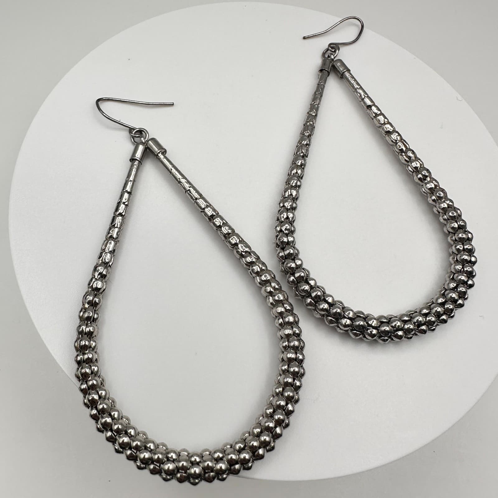 Vintage 90s Silver Tone Teardrop Hoop Earrings Boho Fashion Women's Jewelry - Thumbnail 2