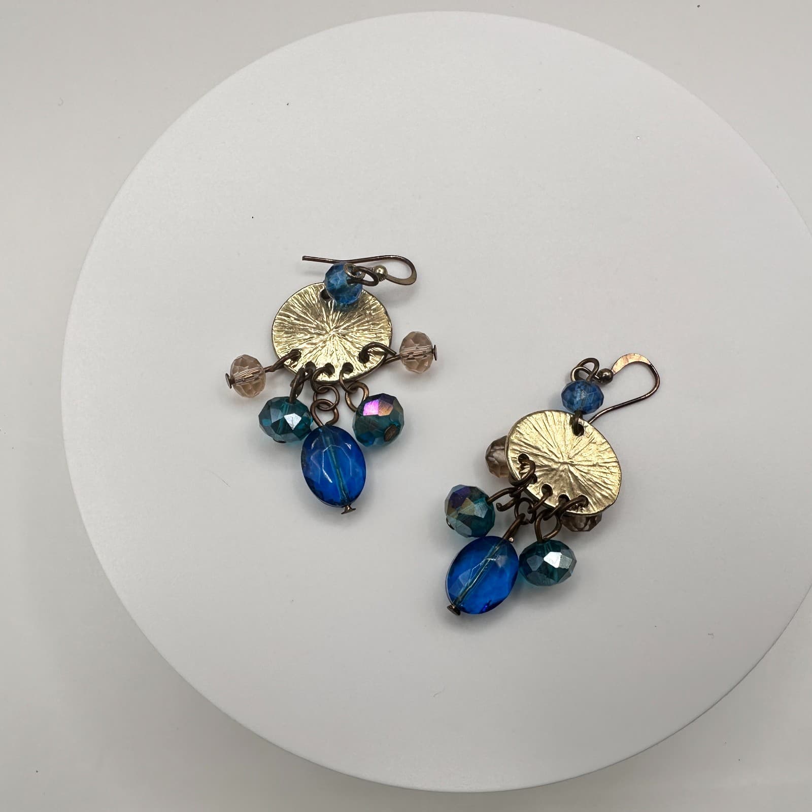 Vintage 90s Blue Glass Gold Tone Drop Earrings Textured Disc Dangle Pair Boho - Thumbnail 9