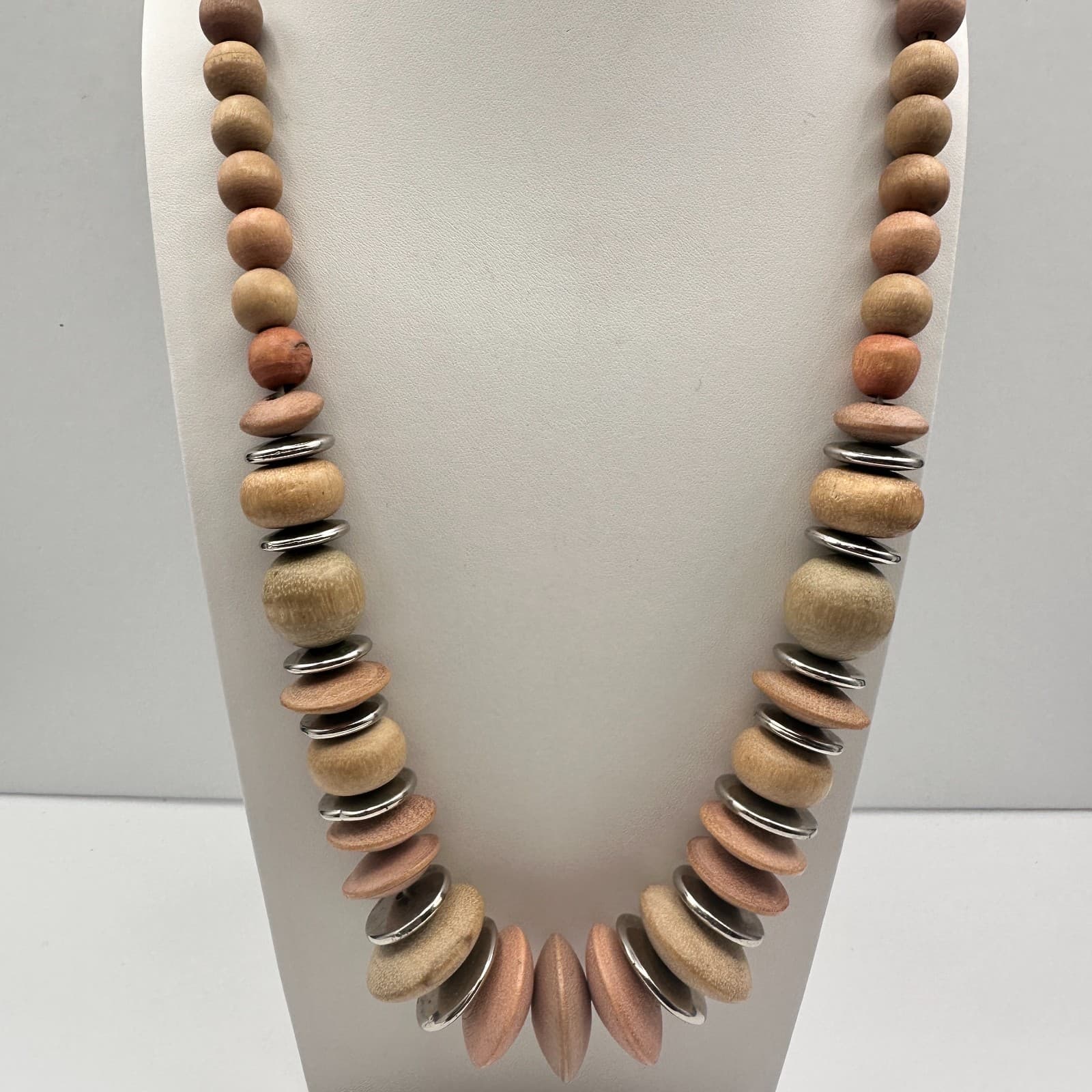 Vintage 90s Wooden Bead Statement Necklace Silver Tone Spacers Boho Jewelry - Thumbnail 9