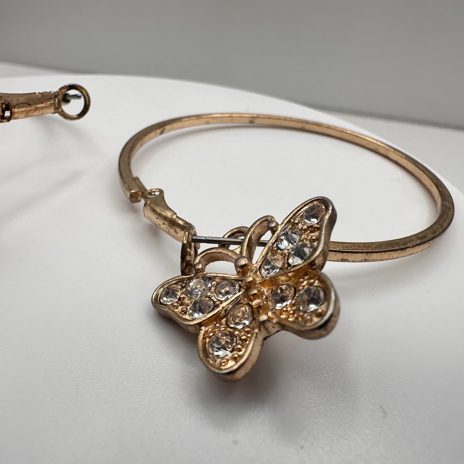 Vintage Y2K 90s Gold Tone Butterfly Hoop Charm Earrings Rhinestone Boho Jewelry - Thumbnail 6