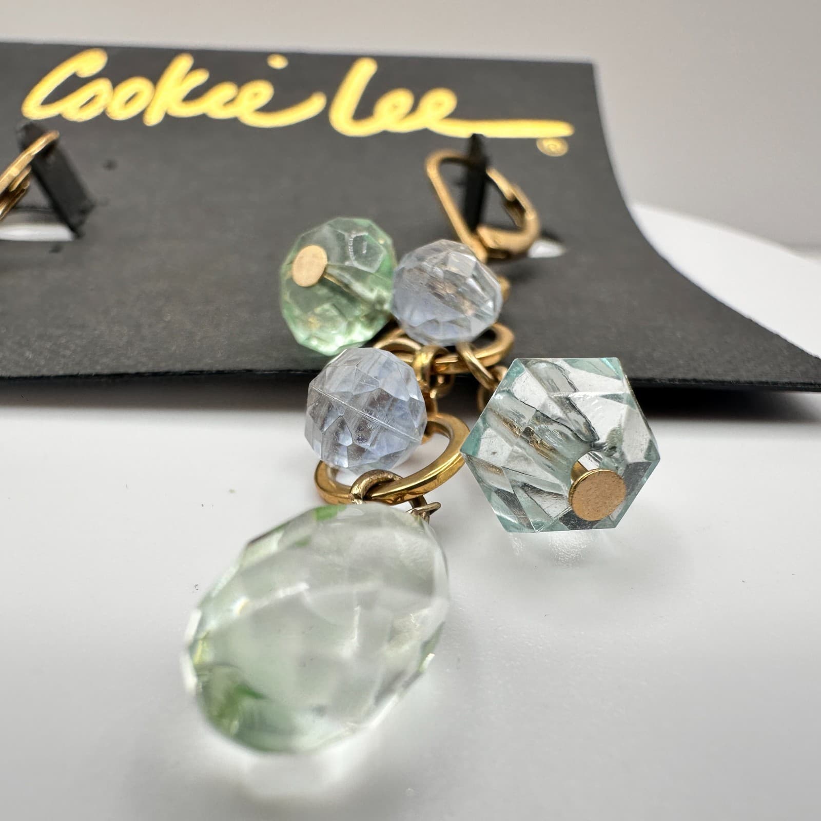 Vintage 90s Gold Tone Blue Green Glass Chandelier Dangle Earring Jewelry - Thumbnail 9