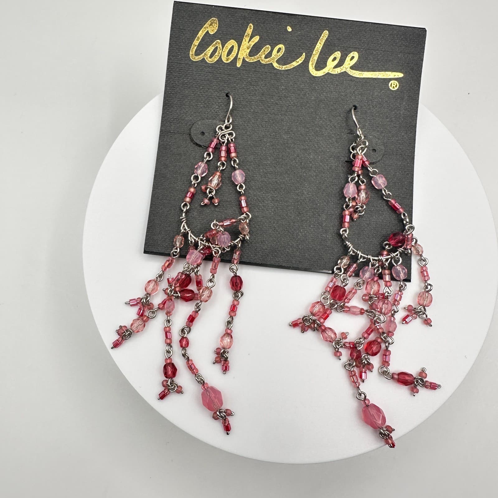 Vintage 80s Silver Tone Pink Red Glass Bead Chandelier Dangle Earrings Jewelry - Image 1