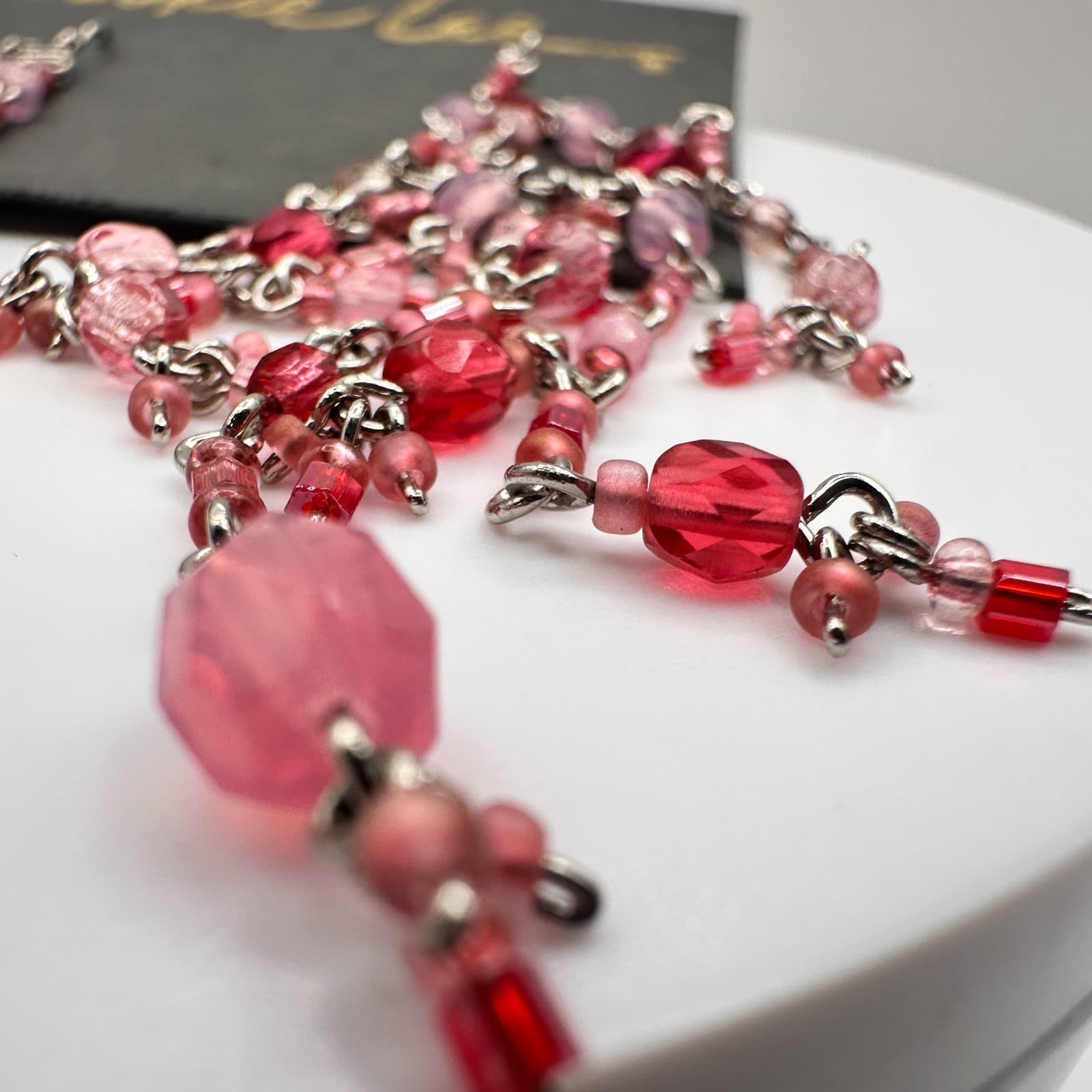 Vintage 80s Silver Tone Pink Red Glass Bead Chandelier Dangle Earrings Jewelry - Thumbnail 8