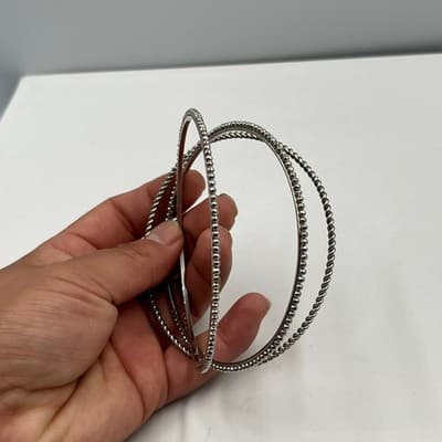 Vintage Silver-Tone Stacking Bangle Bracelets Set 3 Twisted Beaded Plain Texture - Thumbnail 5
