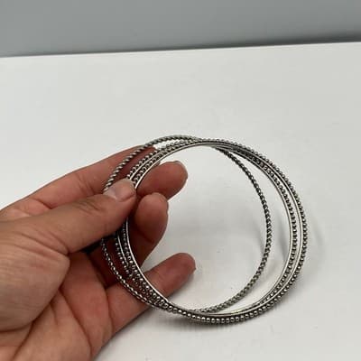 Vintage Silver-Tone Stacking Bangle Bracelets Set 3 Twisted Beaded Plain Texture - Thumbnail 4