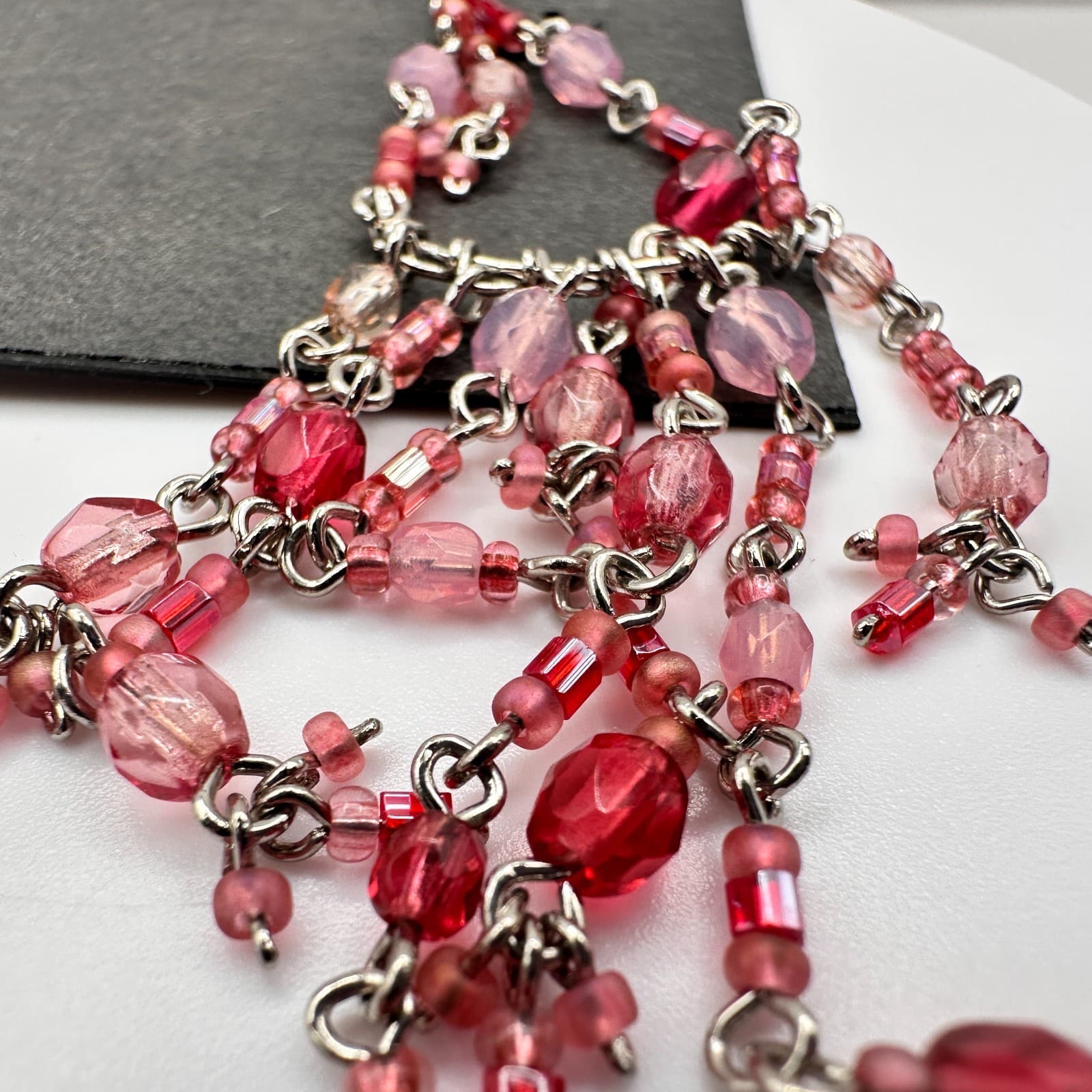 Vintage 80s Silver Tone Pink Red Glass Bead Chandelier Dangle Earrings Jewelry - Thumbnail 10