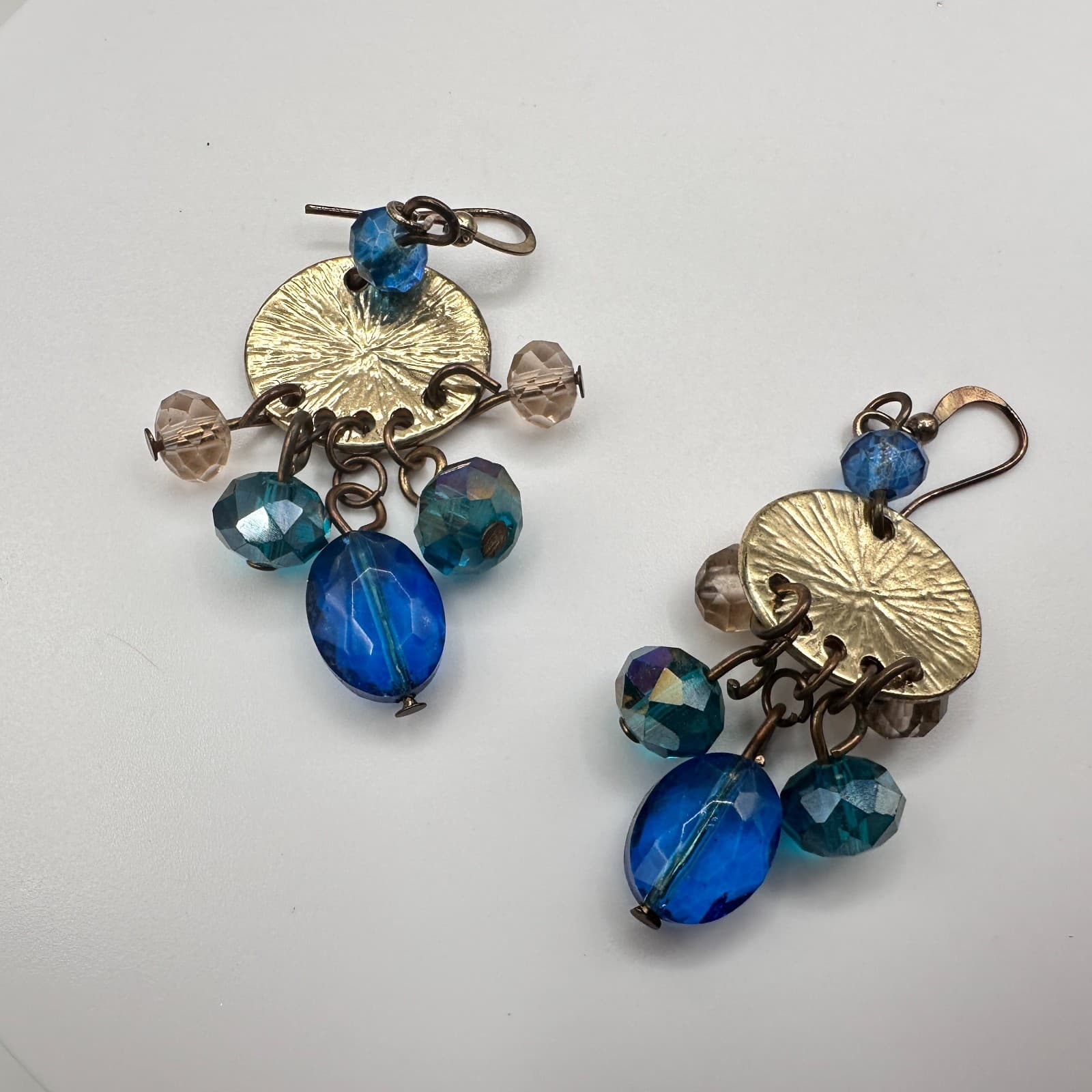 Vintage 90s Blue Glass Gold Tone Drop Earrings Textured Disc Dangle Pair Boho - Thumbnail 10