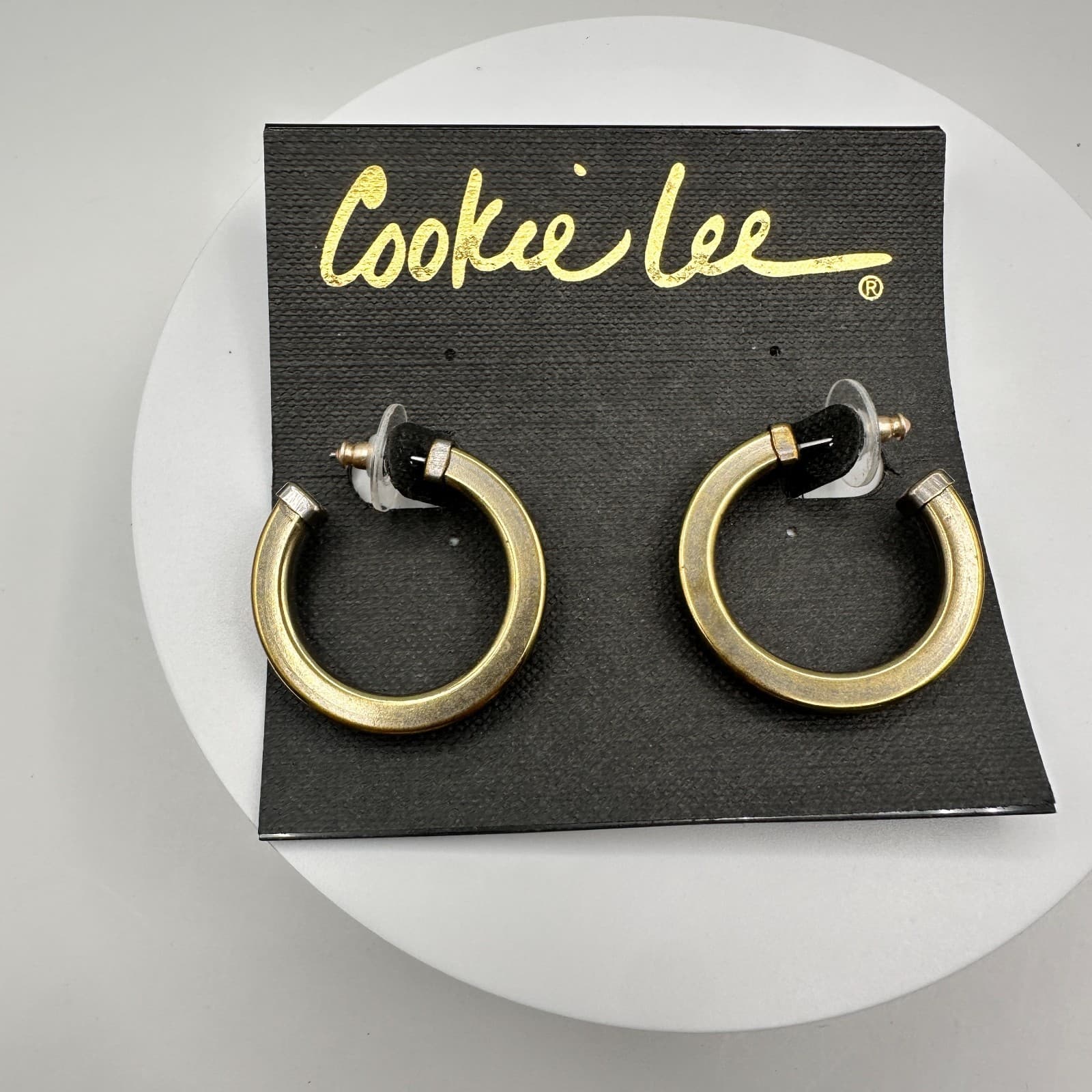 Vintage 80s Cookie Le Gold Tone Two-Tone Silver Trim Chunky Post Earring Jewelry - Image 1