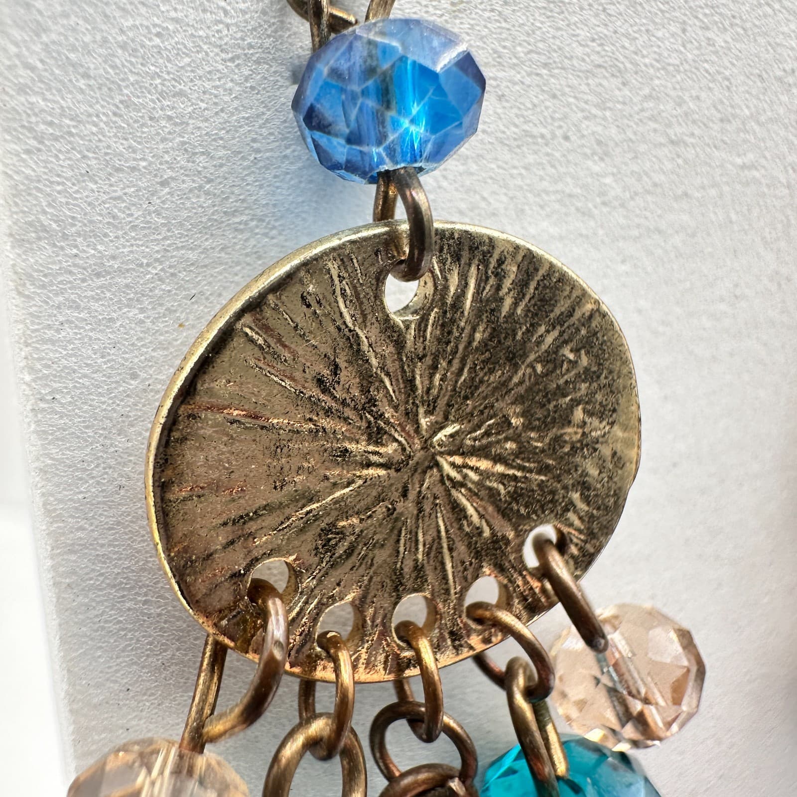 Vintage 90s Blue Glass Gold Tone Drop Earrings Textured Disc Dangle Pair Boho - Thumbnail 6