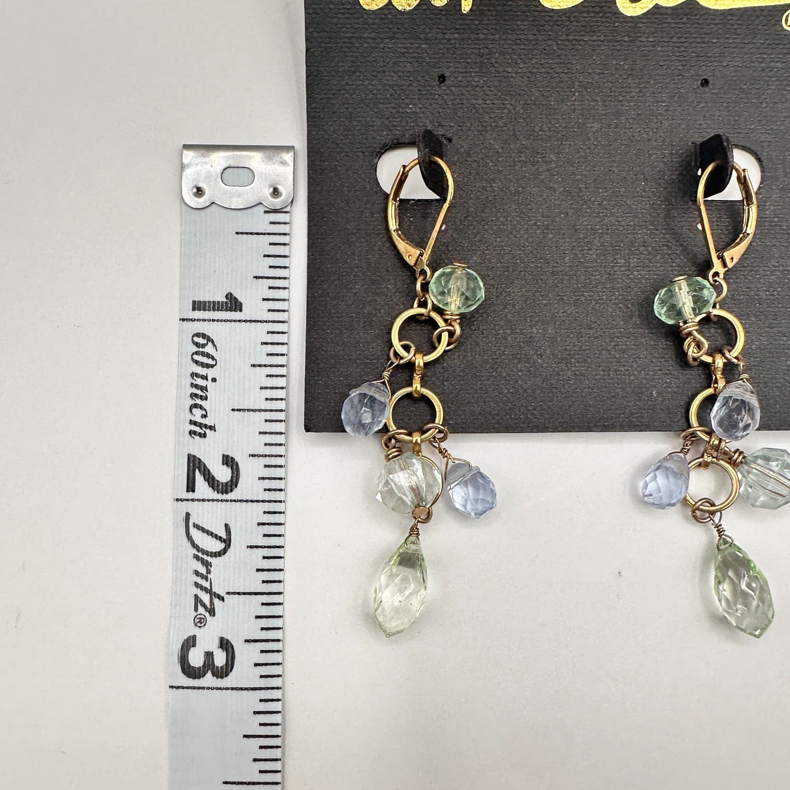Vintage 90s Gold Tone Blue Green Glass Chandelier Dangle Earring Jewelry - Thumbnail 13