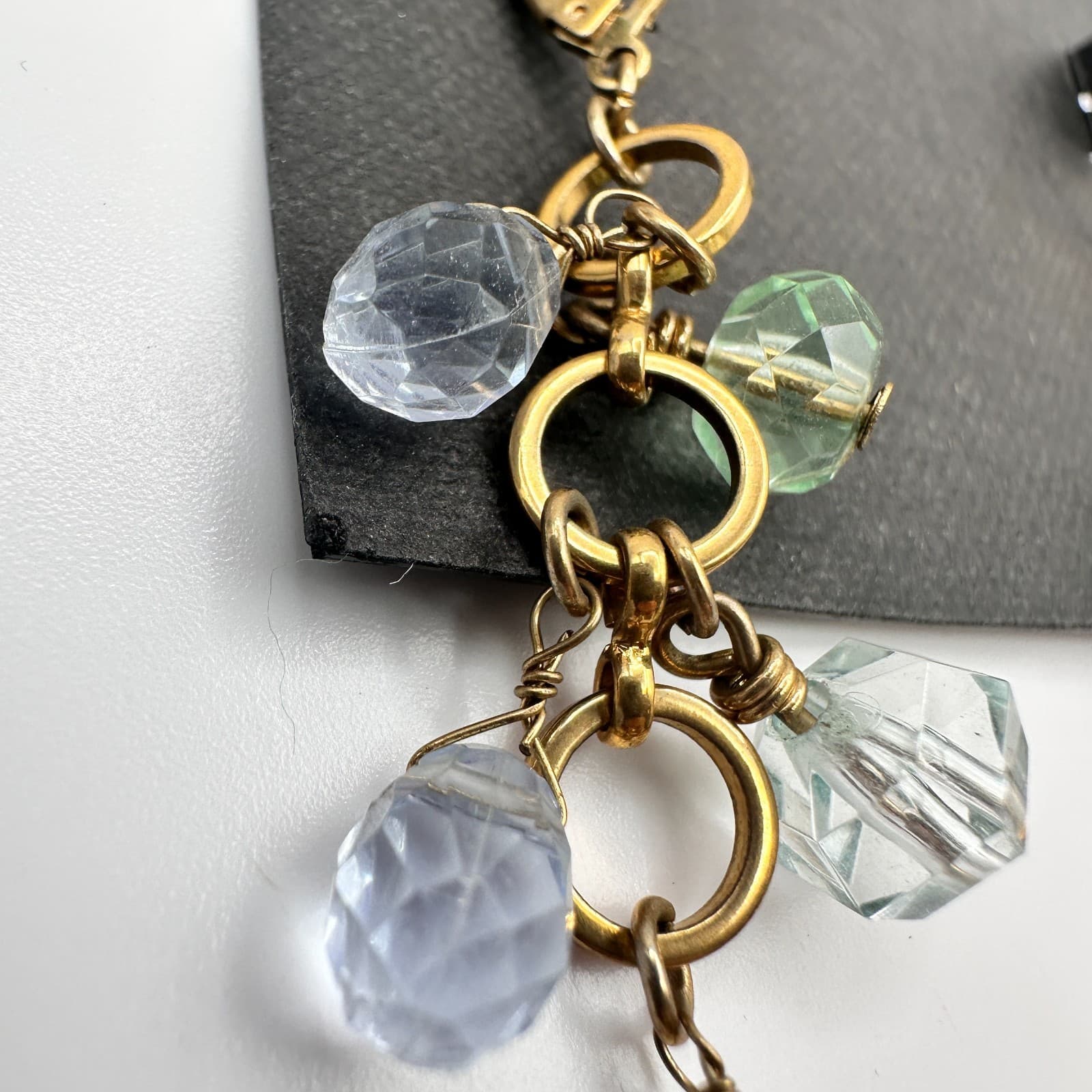 Vintage 90s Gold Tone Blue Green Glass Chandelier Dangle Earring Jewelry - Thumbnail 4