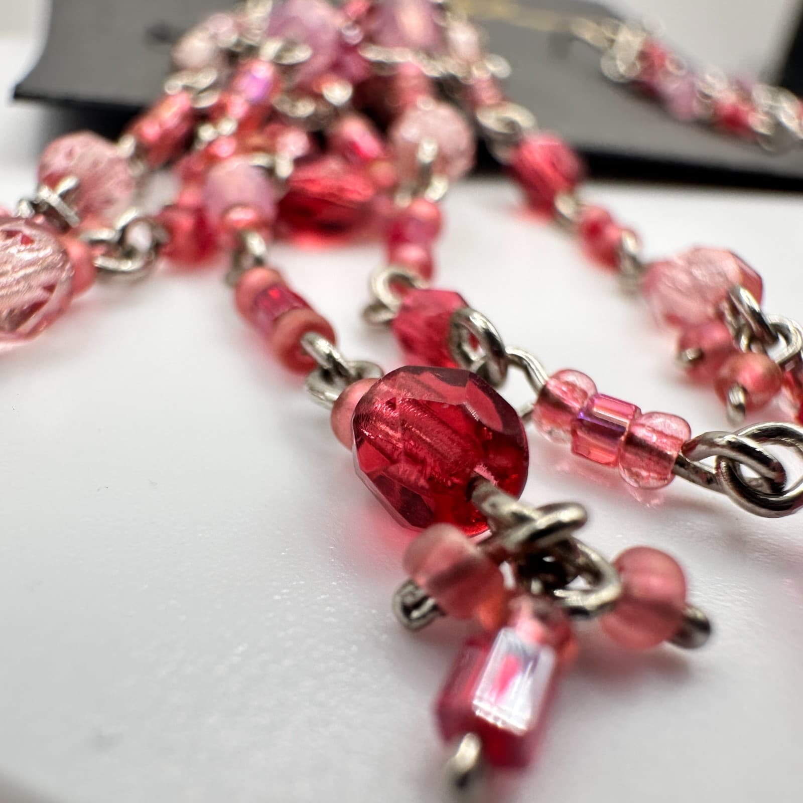Vintage 80s Silver Tone Pink Red Glass Bead Chandelier Dangle Earrings Jewelry - Thumbnail 7