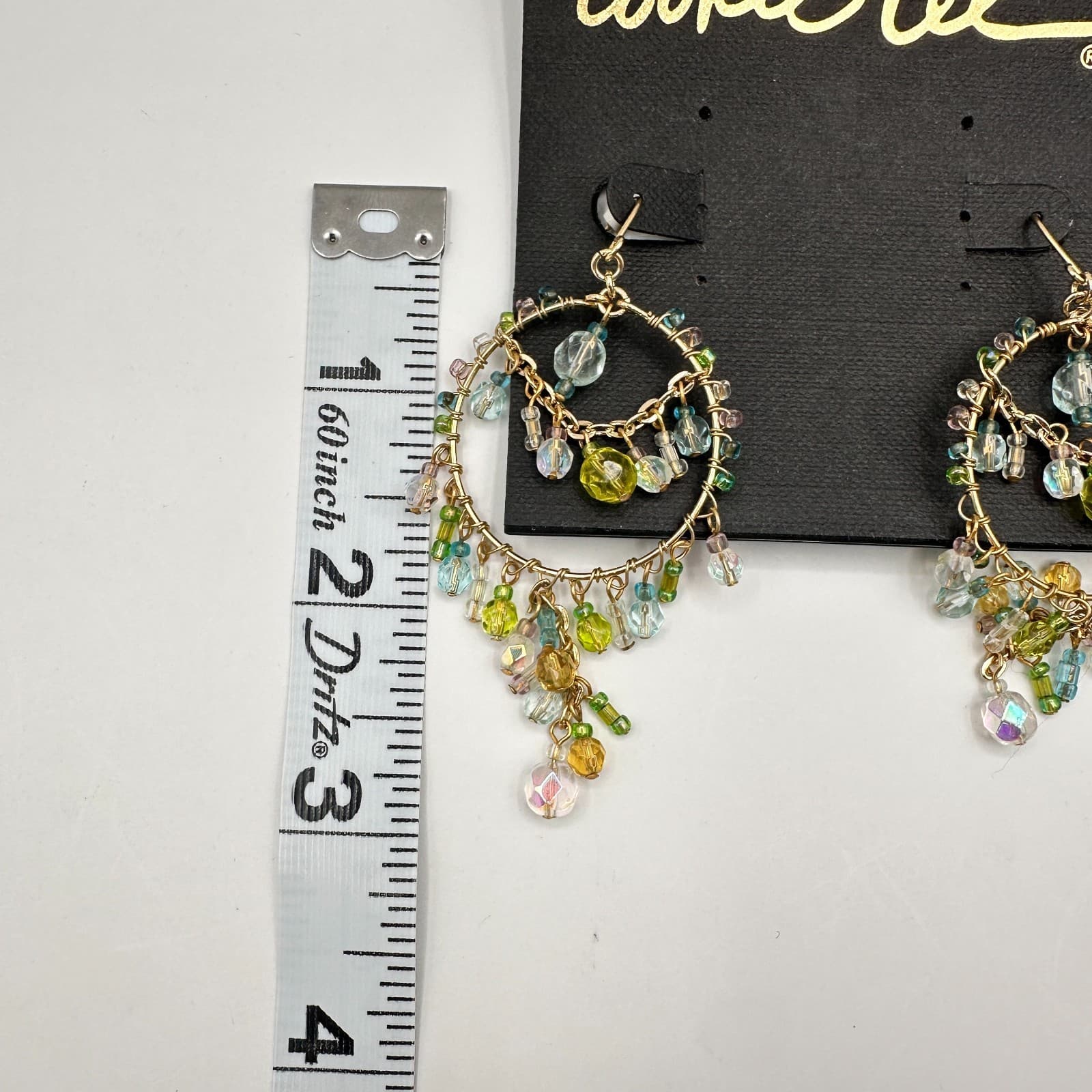 Vintage 80s Cookie Lee Gold Tone Blue Green Chandelier Earrings Jewelry - Thumbnail 12