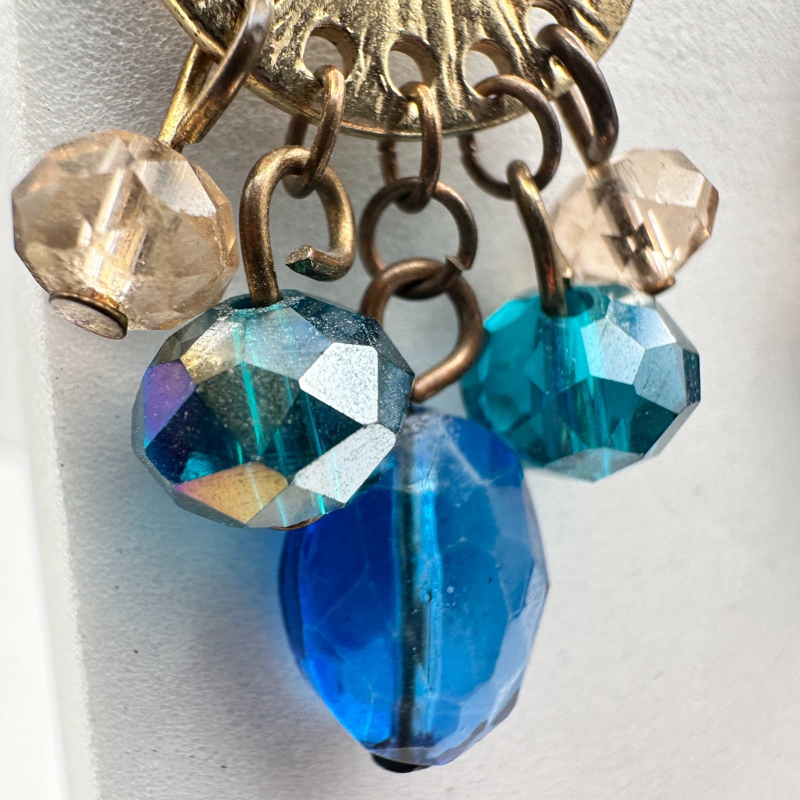 Vintage 90s Blue Glass Gold Tone Drop Earrings Textured Disc Dangle Pair Boho - Thumbnail 5