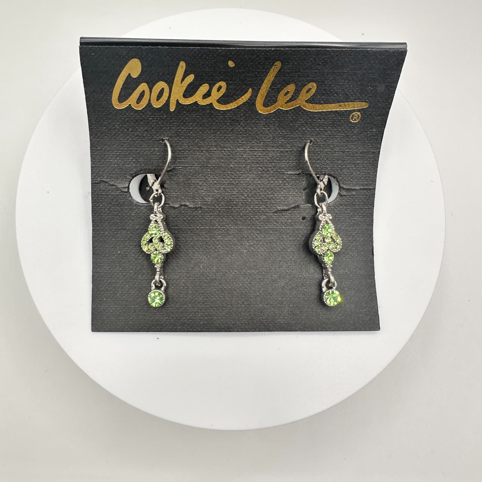 Vintage 90s Cookie Lee Silver Tone Light Green Rhinestone Dangle Earring Jewelry - Image 1