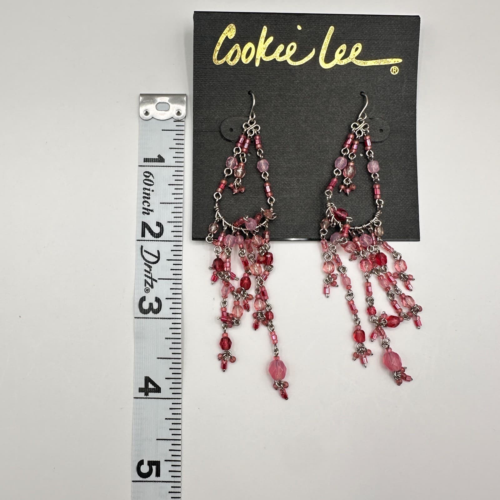 Vintage 80s Silver Tone Pink Red Glass Bead Chandelier Dangle Earrings Jewelry - Thumbnail 12