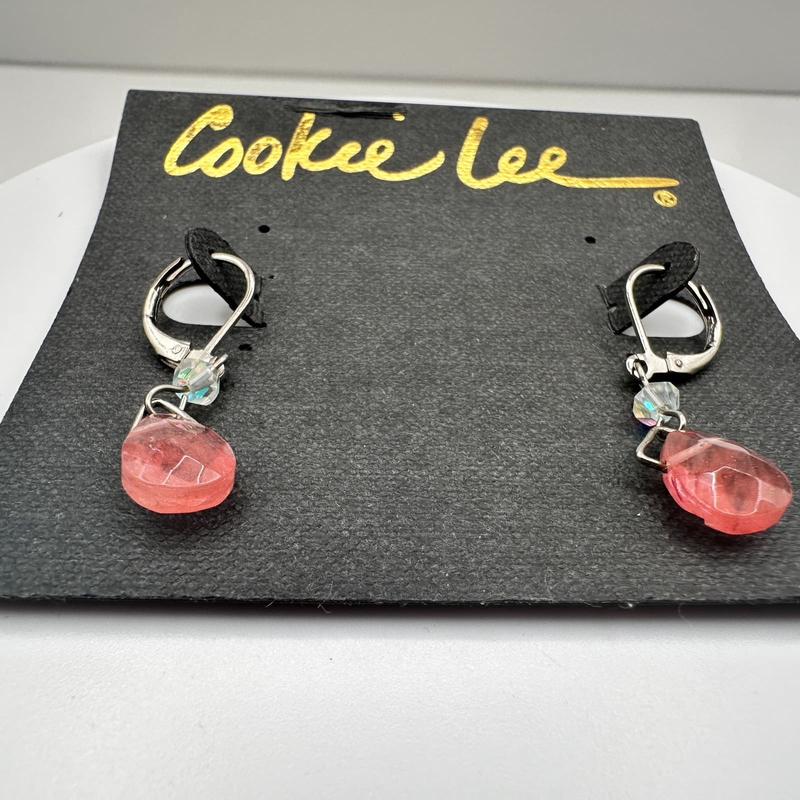 Vintage 90s Cookie Lee Silver Tone Pink Glass Teardrop Earrings Jewelry - Thumbnail 4