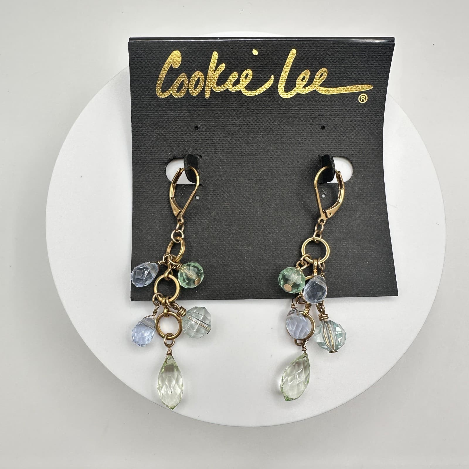 Vintage 90s Gold Tone Blue Green Glass Chandelier Dangle Earring Jewelry - Image 1