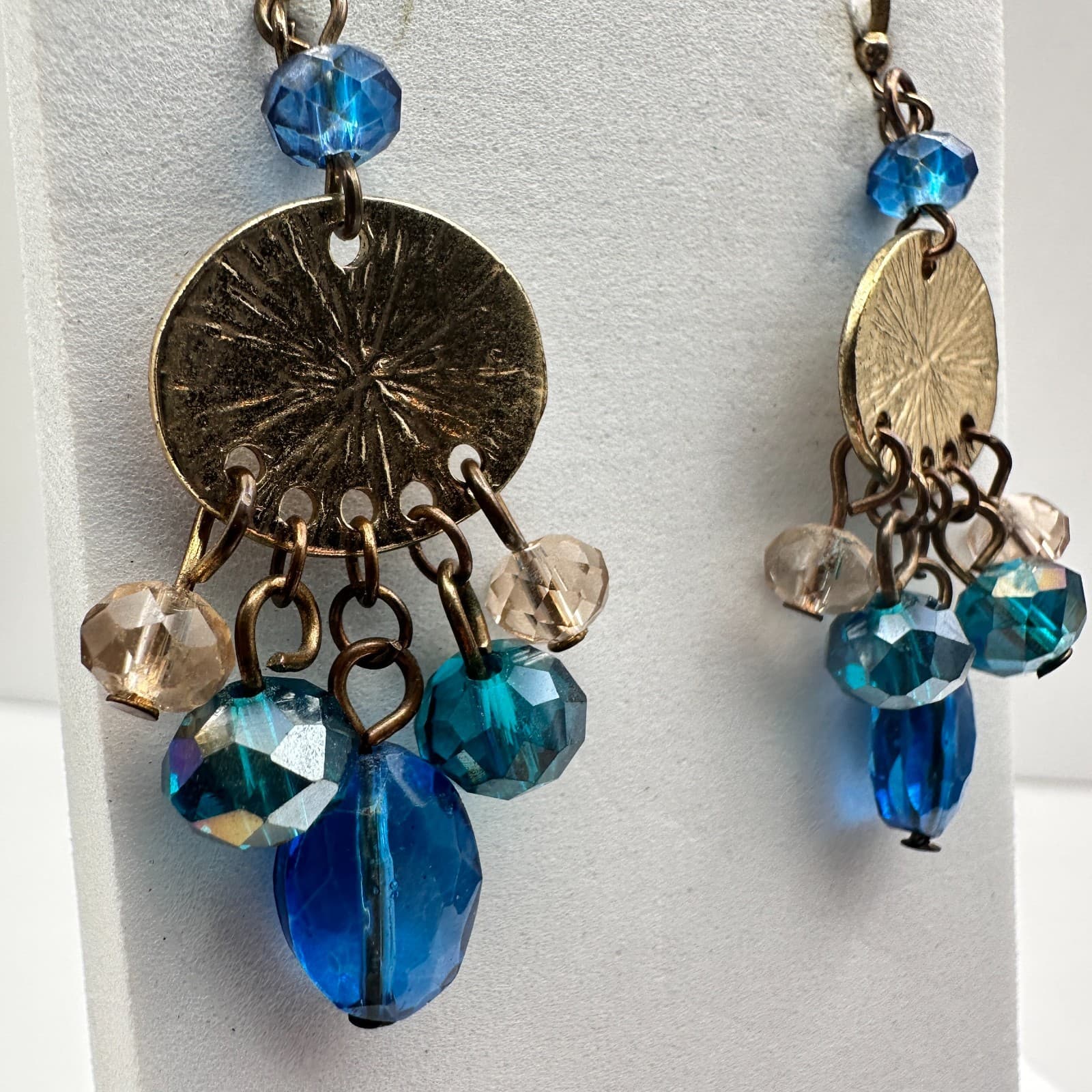 Vintage 90s Blue Glass Gold Tone Drop Earrings Textured Disc Dangle Pair Boho - Thumbnail 3
