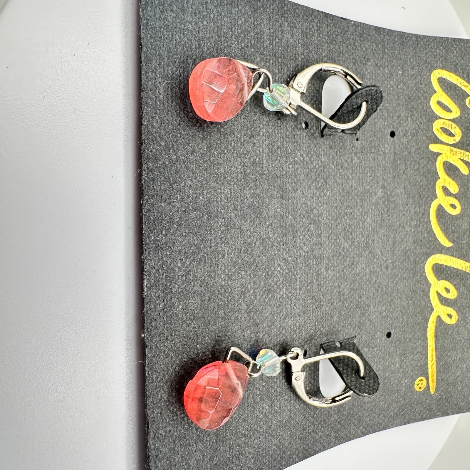 Vintage 90s Cookie Lee Silver Tone Pink Glass Teardrop Earrings Jewelry - Thumbnail 3
