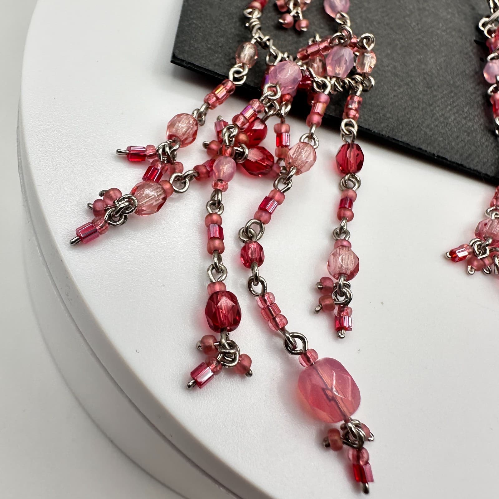 Vintage 80s Silver Tone Pink Red Glass Bead Chandelier Dangle Earrings Jewelry - Thumbnail 2