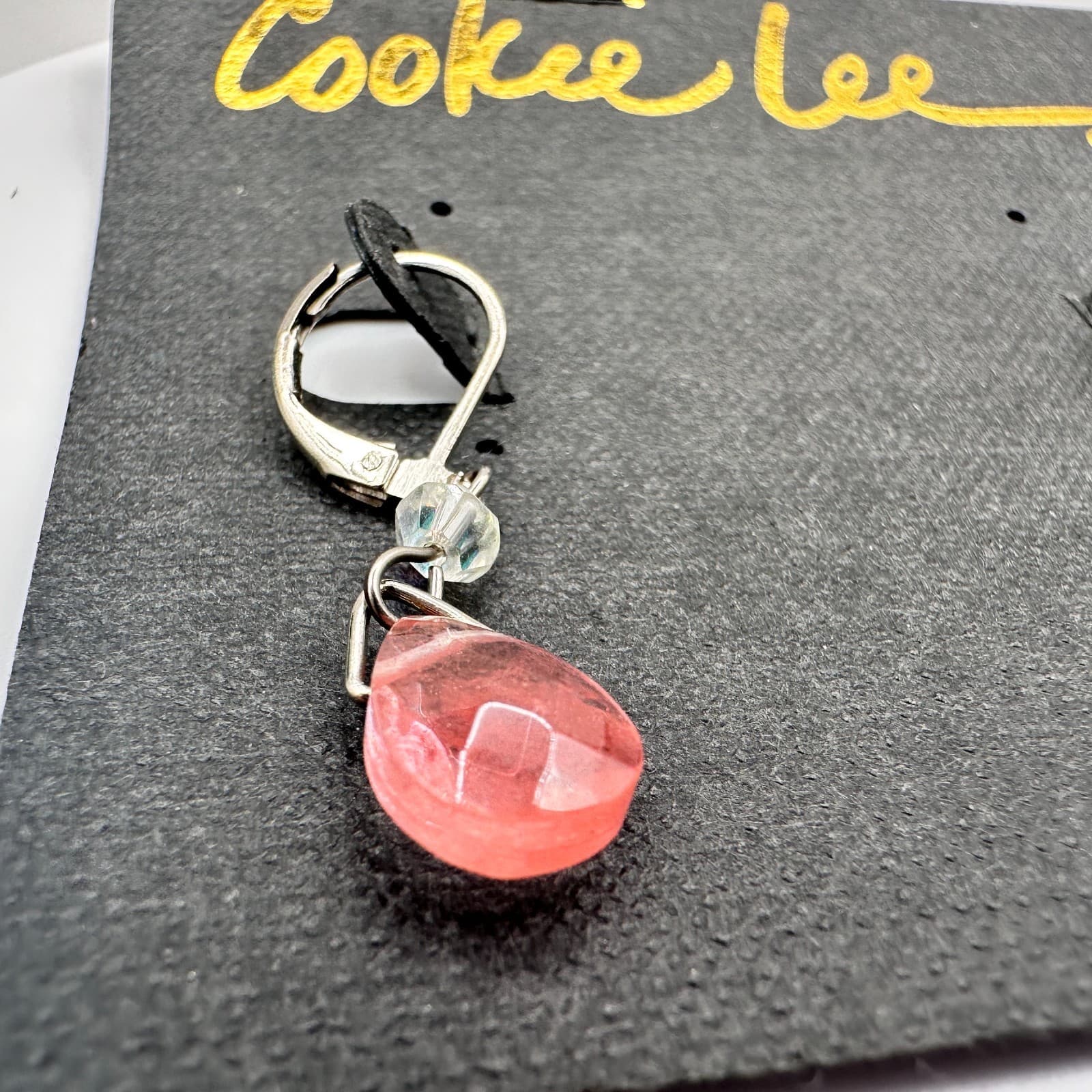 Vintage 90s Cookie Lee Silver Tone Pink Glass Teardrop Earrings Jewelry - Thumbnail 5