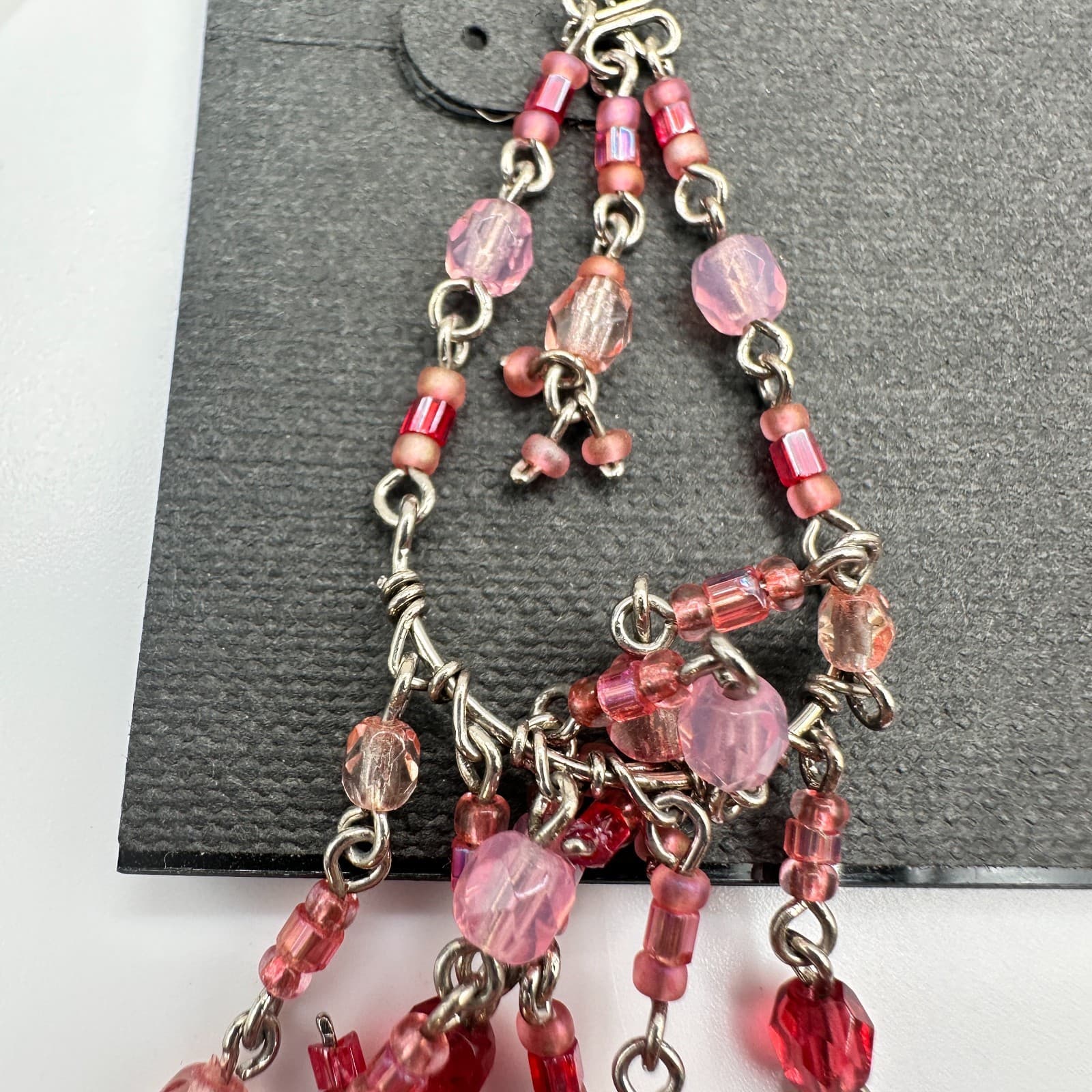 Vintage 80s Silver Tone Pink Red Glass Bead Chandelier Dangle Earrings Jewelry - Thumbnail 4