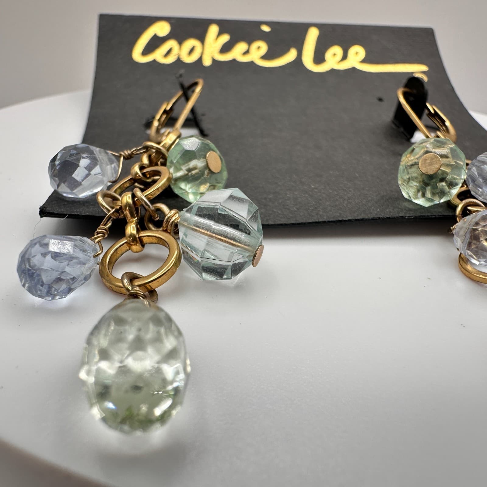 Vintage 90s Gold Tone Blue Green Glass Chandelier Dangle Earring Jewelry - Thumbnail 10