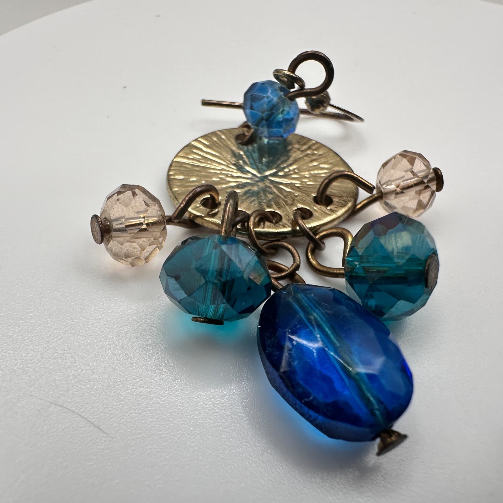 Vintage 90s Blue Glass Gold Tone Drop Earrings Textured Disc Dangle Pair Boho - Thumbnail 13