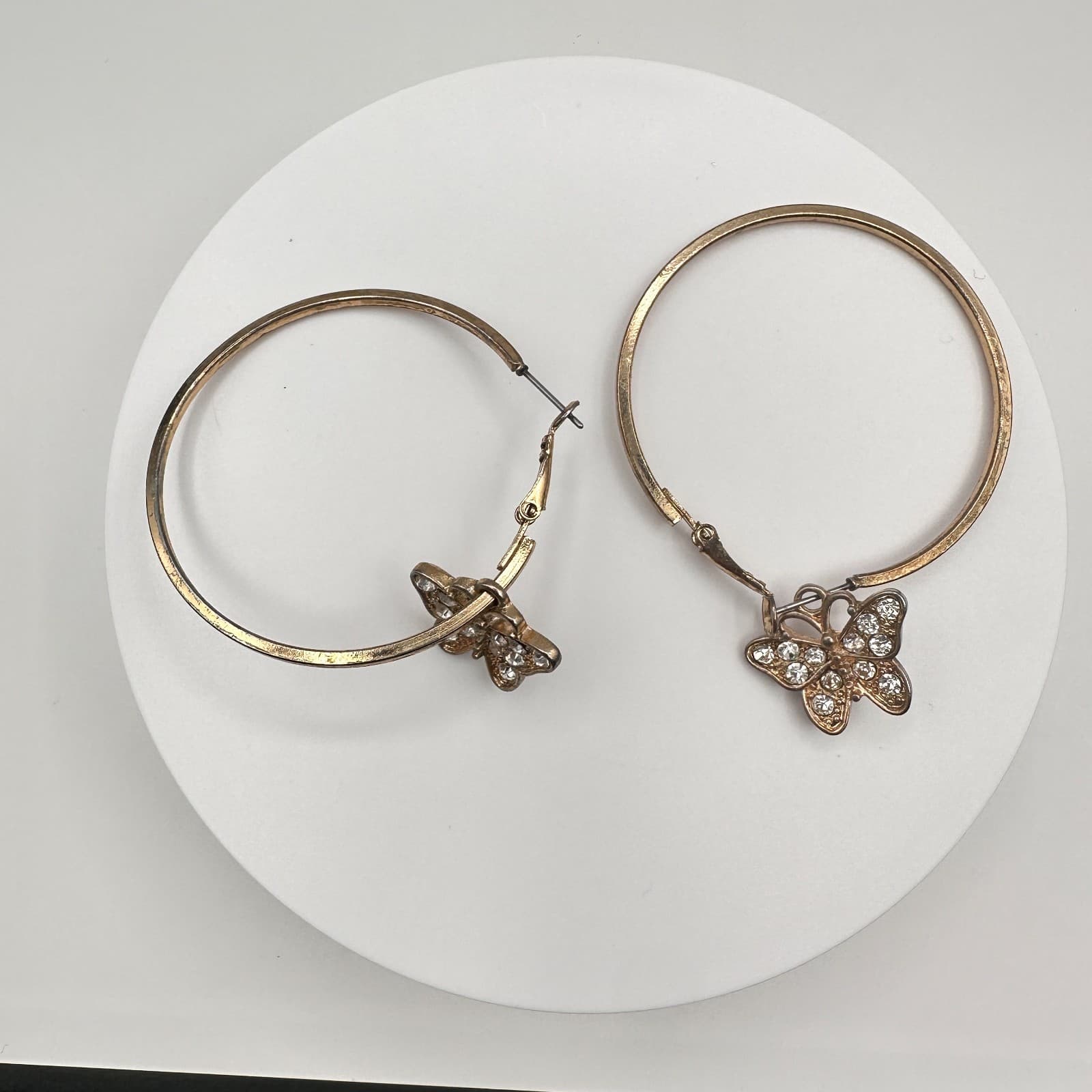Vintage Y2K 90s Gold Tone Butterfly Hoop Charm Earrings Rhinestone Boho Jewelry - Image 1