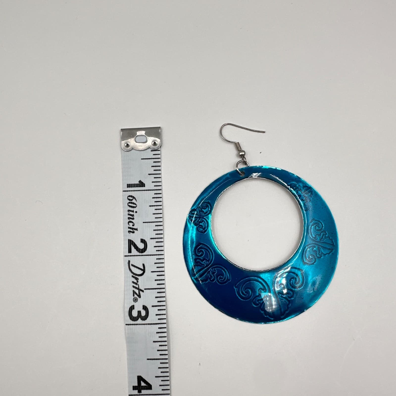 Vintage 90s Teal Blue Enamel Hoop Earrings Silver Tone Large Boho Scroll Etched - Thumbnail 11
