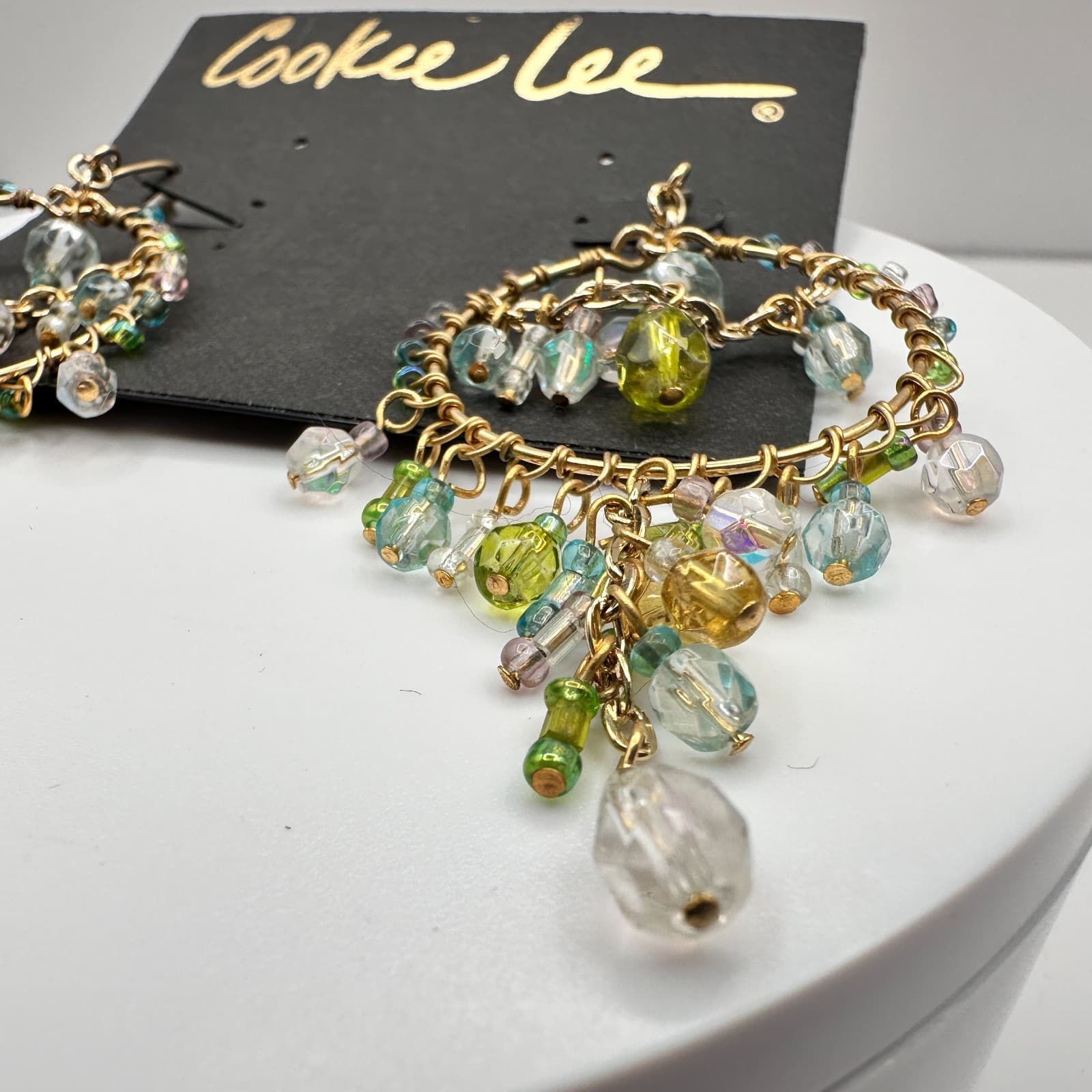 Vintage 80s Cookie Lee Gold Tone Blue Green Chandelier Earrings Jewelry - Thumbnail 7