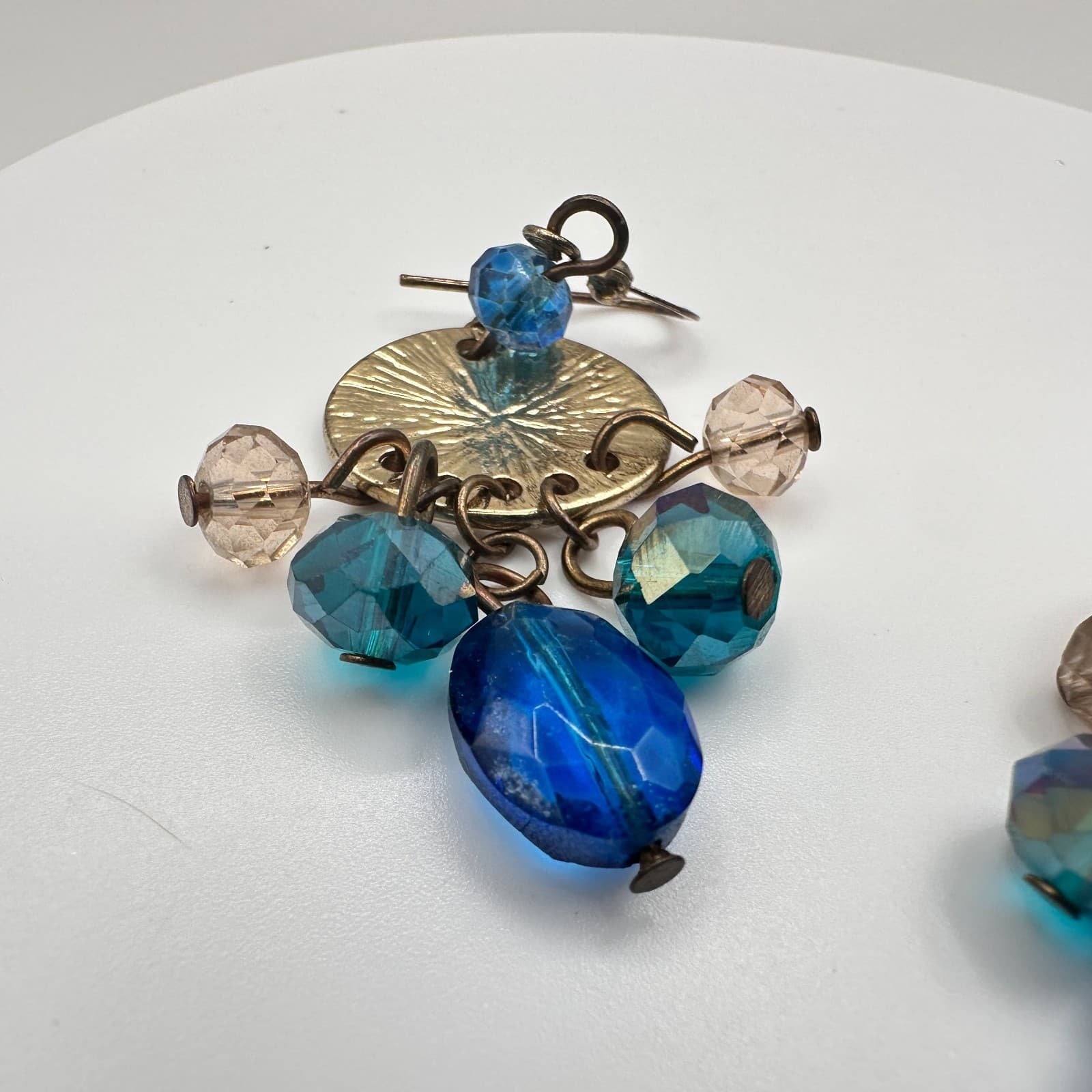 Vintage 90s Blue Glass Gold Tone Drop Earrings Textured Disc Dangle Pair Boho - Thumbnail 12