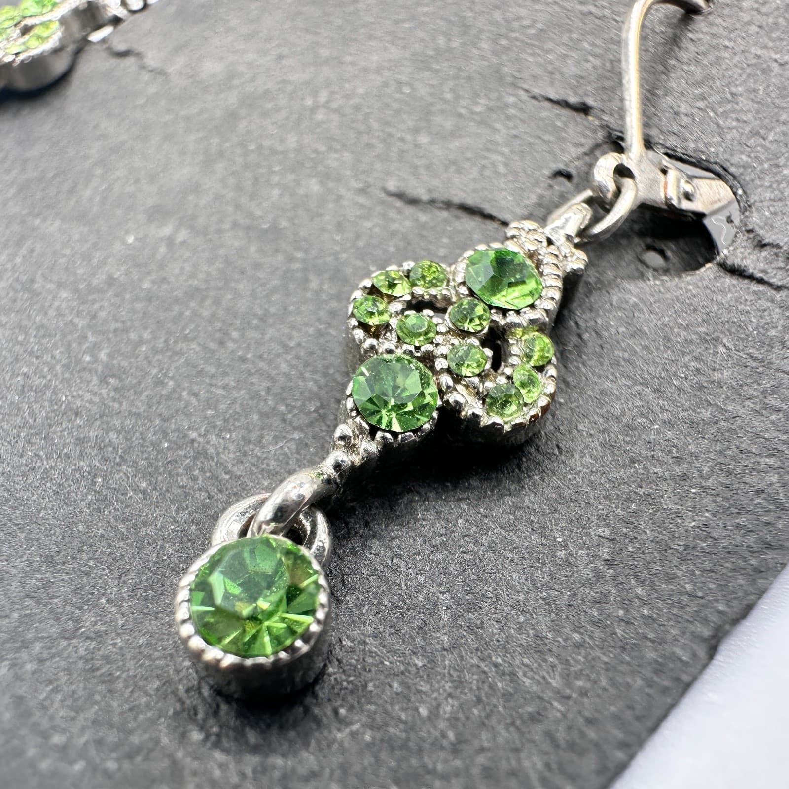 Vintage 90s Cookie Lee Silver Tone Light Green Rhinestone Dangle Earring Jewelry - Thumbnail 8