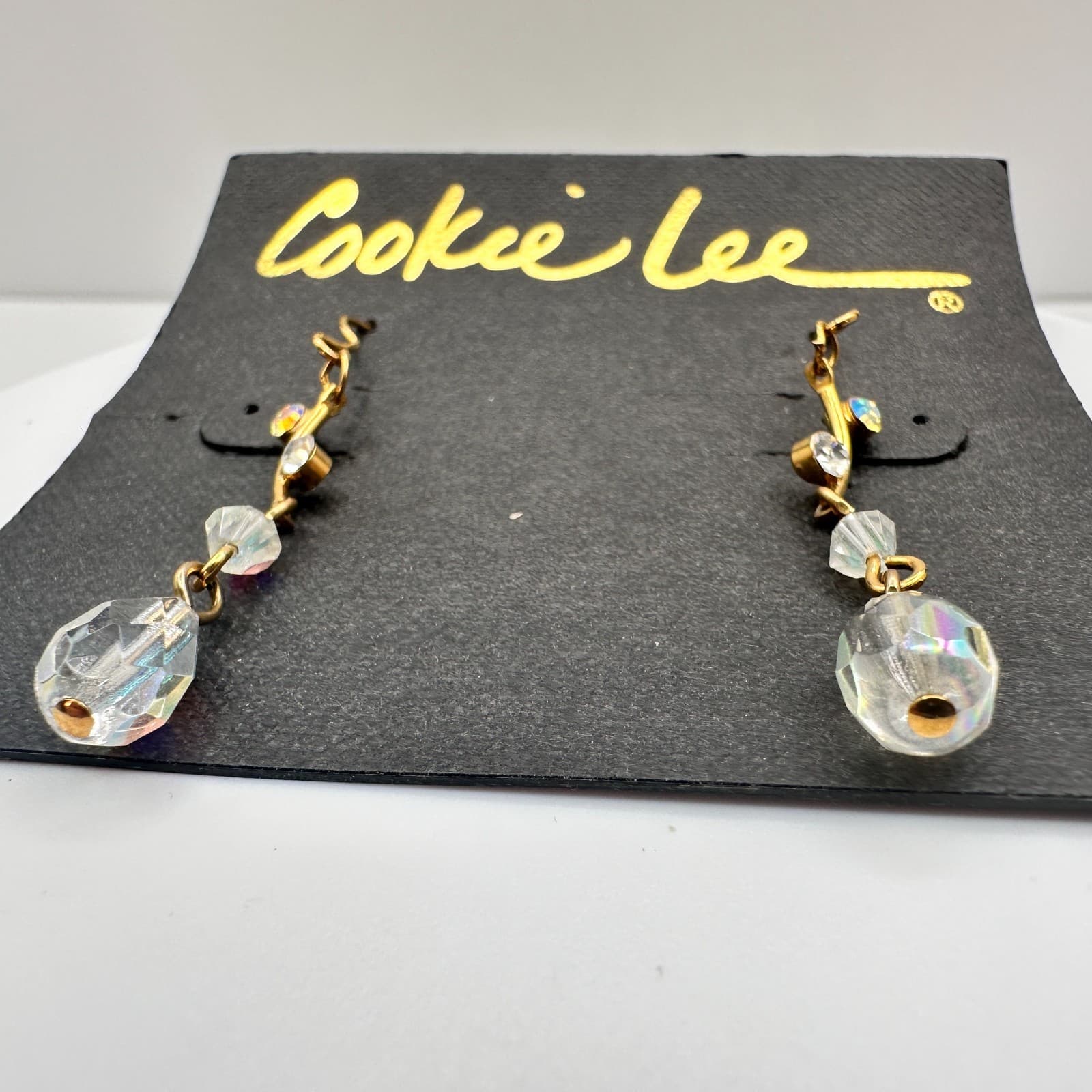 Vintage 90s Cookie Lee Gold Tone Clear Teardrop Dangle Earrings Jewelry - Thumbnail 5