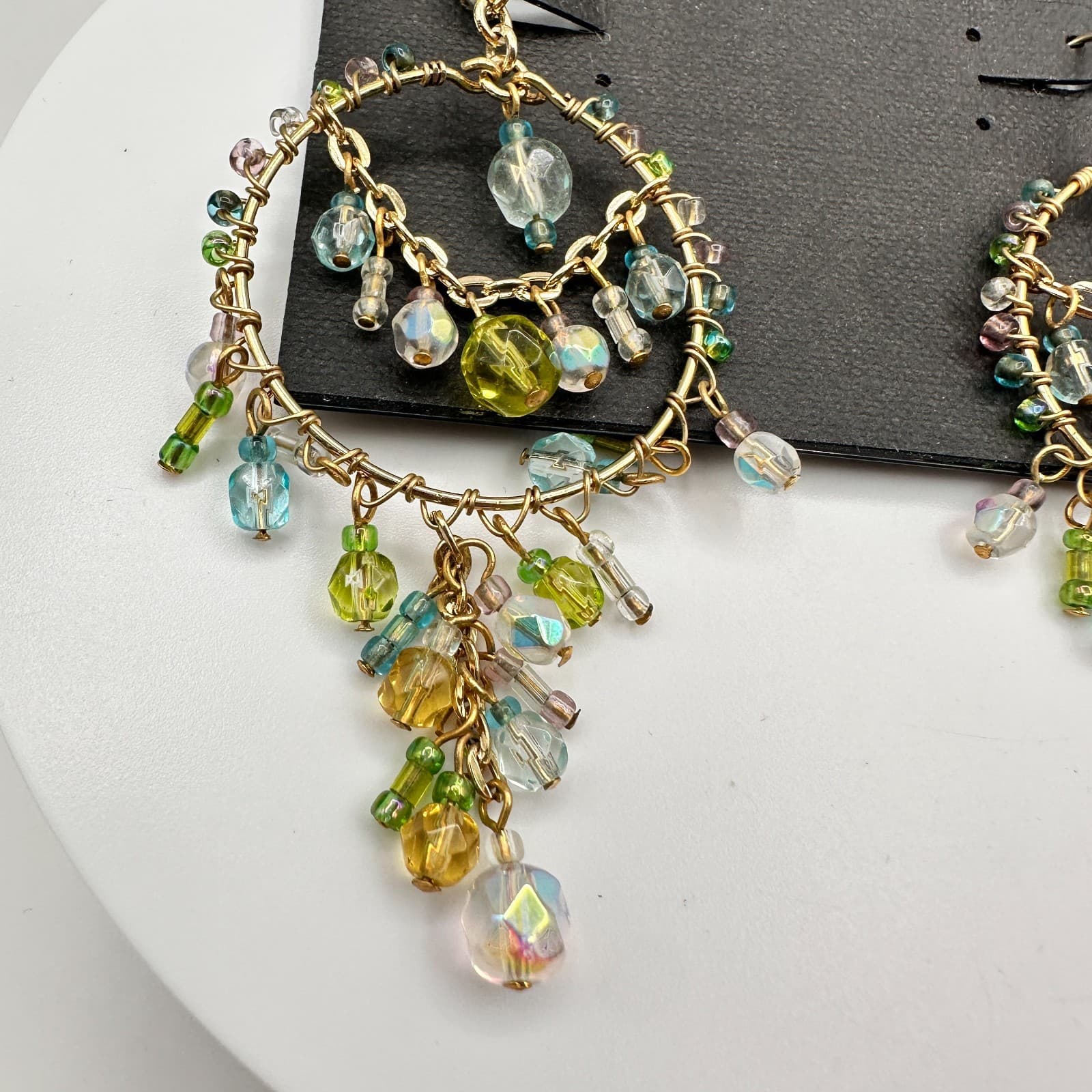 Vintage 80s Cookie Lee Gold Tone Blue Green Chandelier Earrings Jewelry - Thumbnail 2